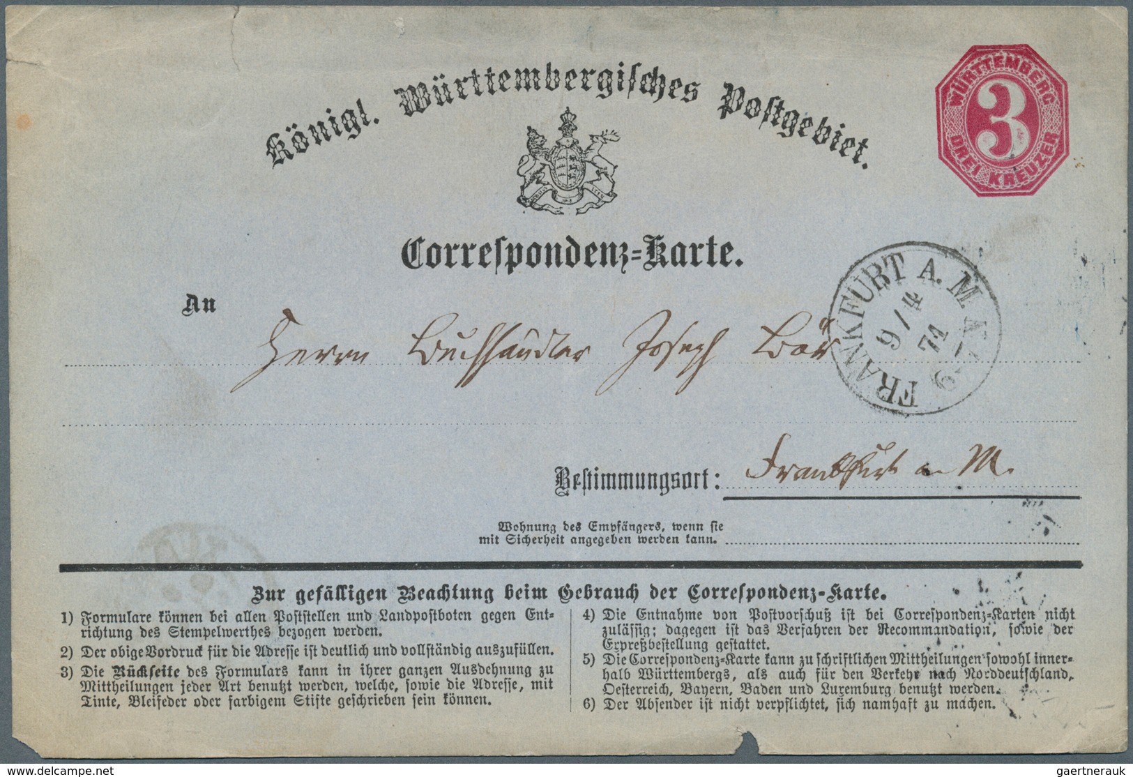 Württemberg - Ganzsachen: 1871, 3 Kreuzer Karmin Correspondenzkarte Von Tübingen Nach Frankfurt/M. M - Altri & Non Classificati