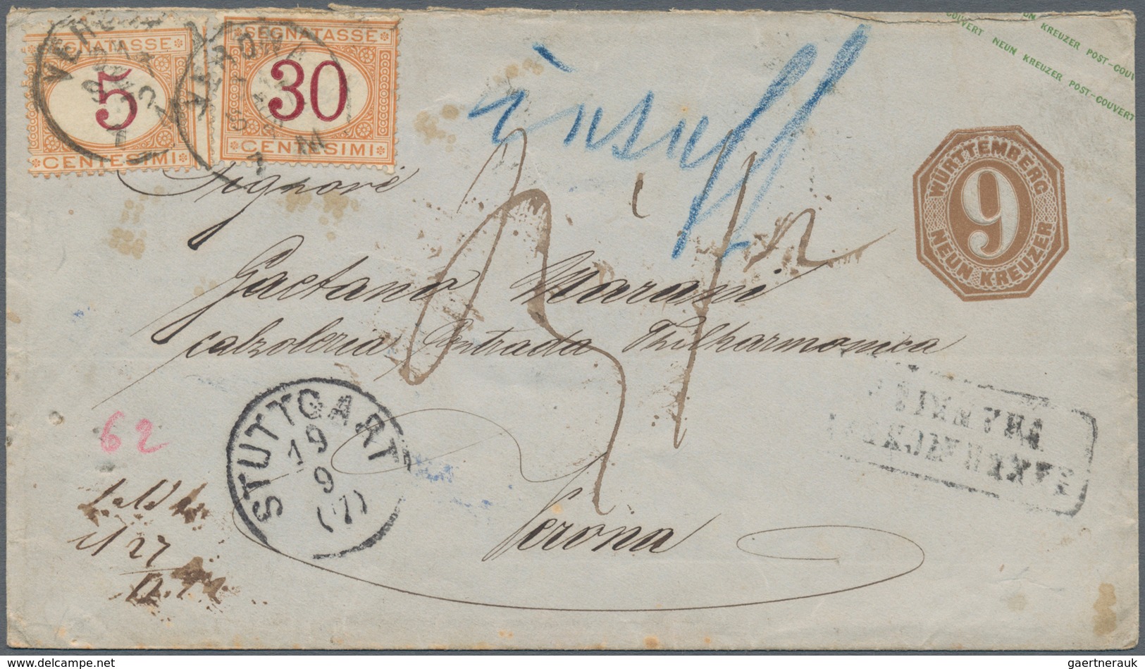 Württemberg - Ganzsachen: 1872, GA-Umschlag 9 Kr. Mit K1 "STUTTGART 19 9 (1872)" Und Ra2 "UNZUREICHE - Altri & Non Classificati