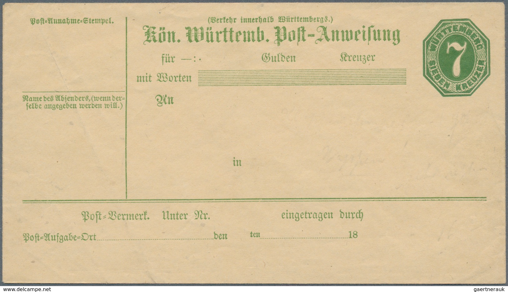 Württemberg - Ganzsachen: 1873. Postanweisungs-Umschlag 7 Kr Grün In Der SELTENEN Type II Mit Klappe - Altri & Non Classificati