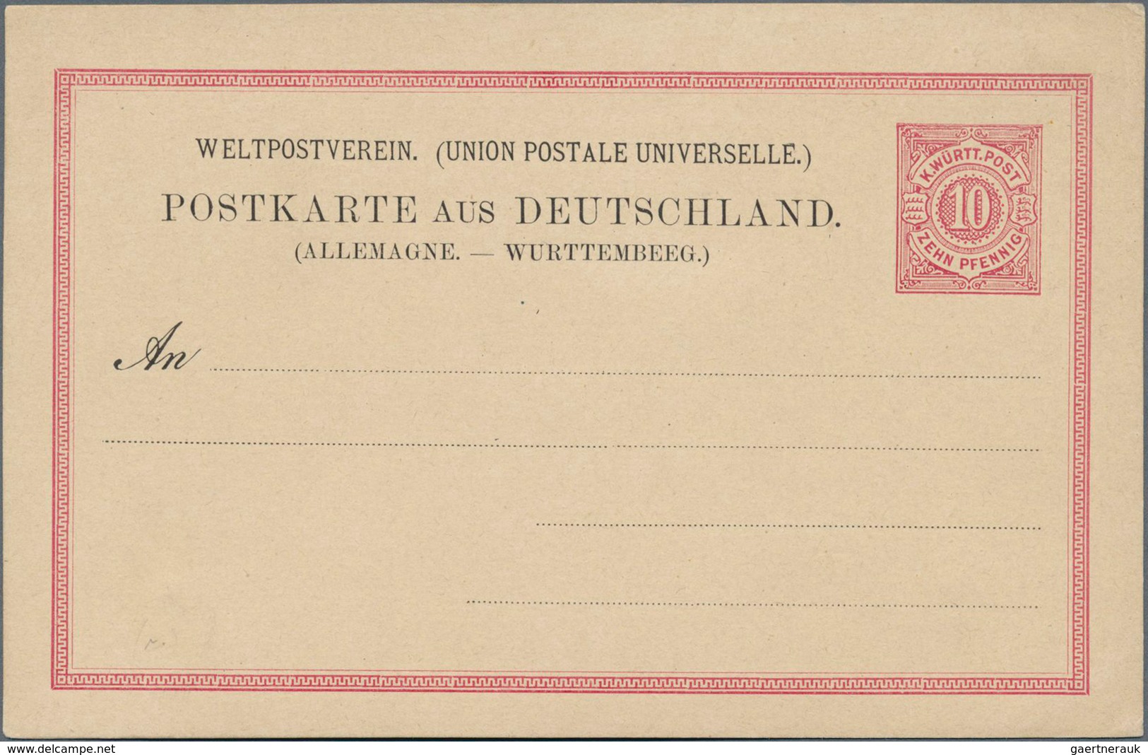 Württemberg - Ganzsachen: 1878. Auslandskarte 10 Pf Rot Ziffer, Mit Setzfehler "WÜRTEMBEEG", Ungebra - Altri & Non Classificati