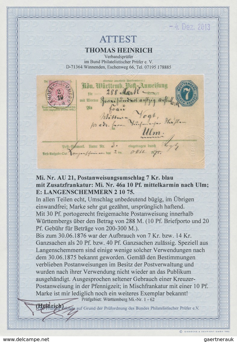 Württemberg - Postanweisungen: 1875 Zwei Postanweisungs-Umschläge 7 Kreuzer Mit Zusatzfrankaturen 5 - Altri & Non Classificati