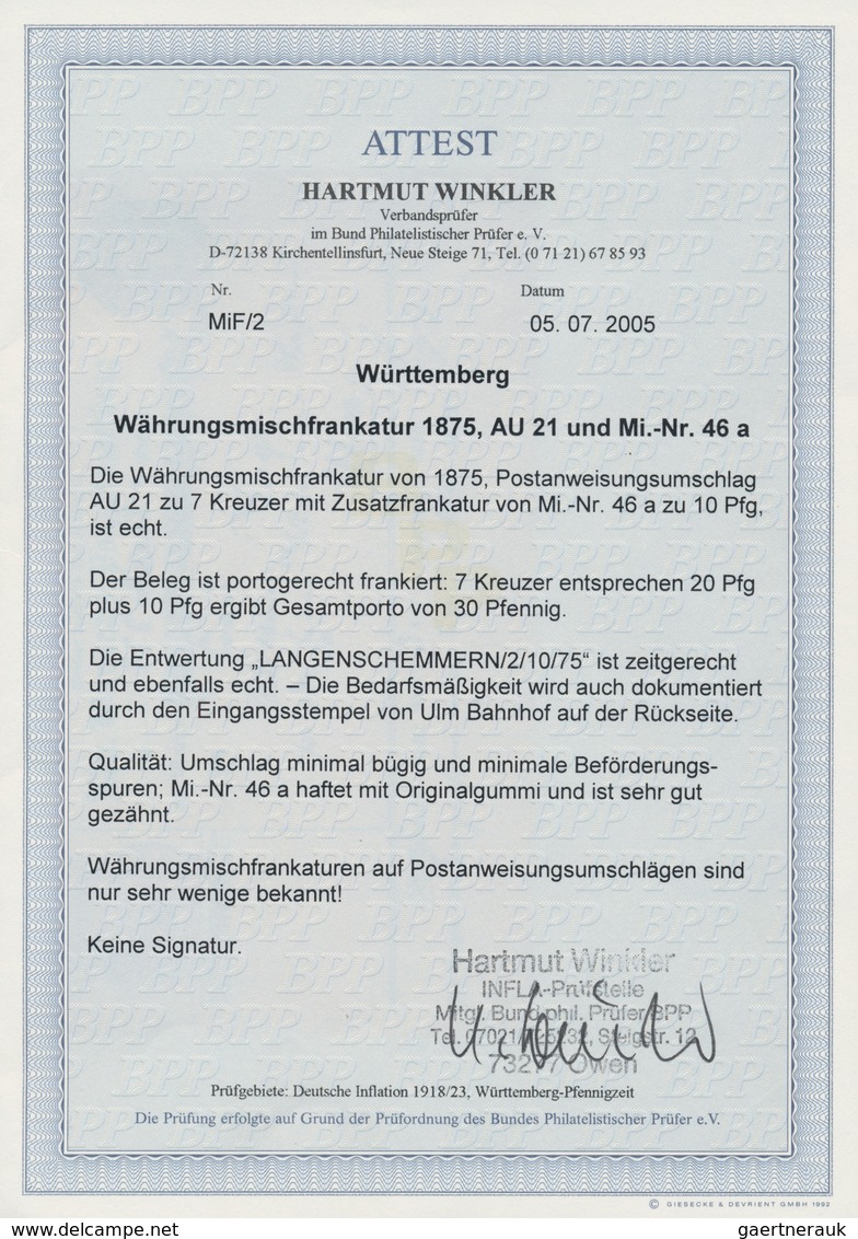 Württemberg - Postanweisungen: 1875 Zwei Postanweisungs-Umschläge 7 Kreuzer Mit Zusatzfrankaturen 5 - Altri & Non Classificati