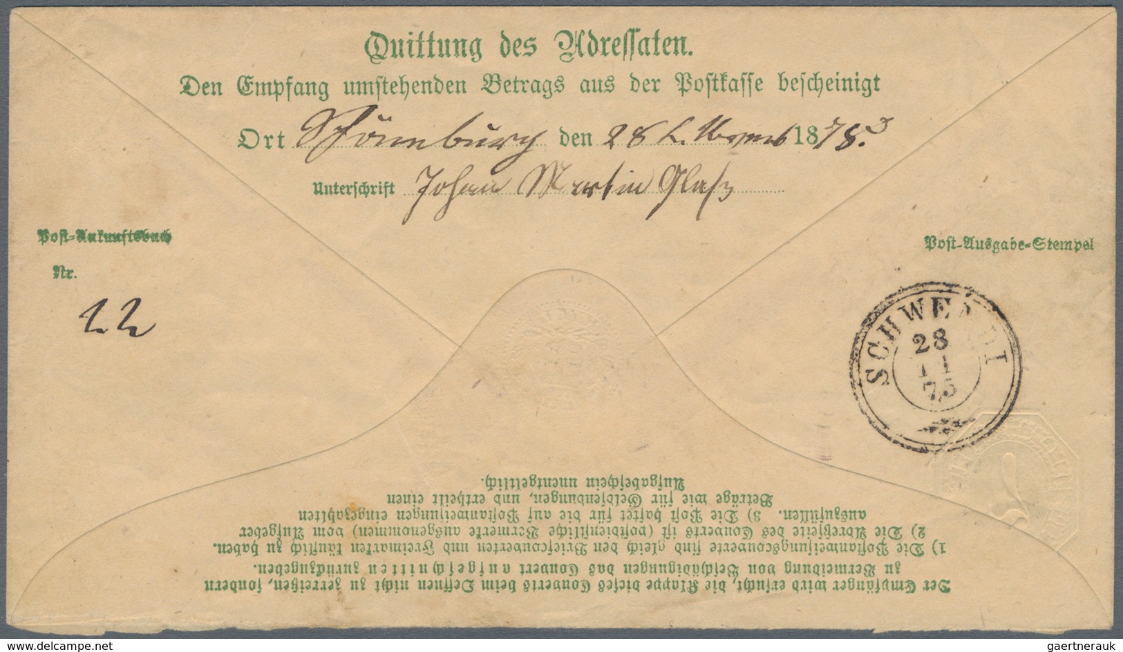 Württemberg - Postanweisungen: 1875 Zwei Postanweisungs-Umschläge 7 Kreuzer mit Zusatzfrankaturen 5