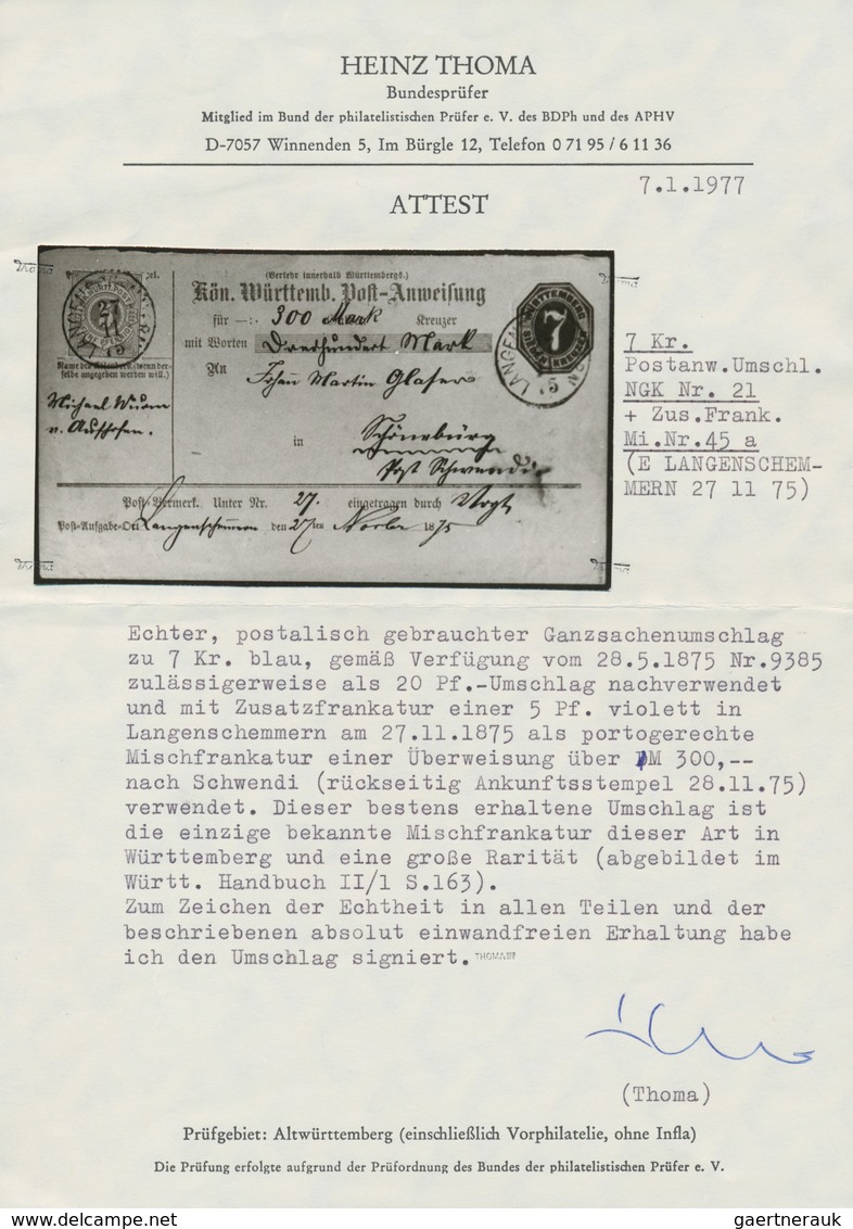 Württemberg - Postanweisungen: 1875 Zwei Postanweisungs-Umschläge 7 Kreuzer mit Zusatzfrankaturen 5