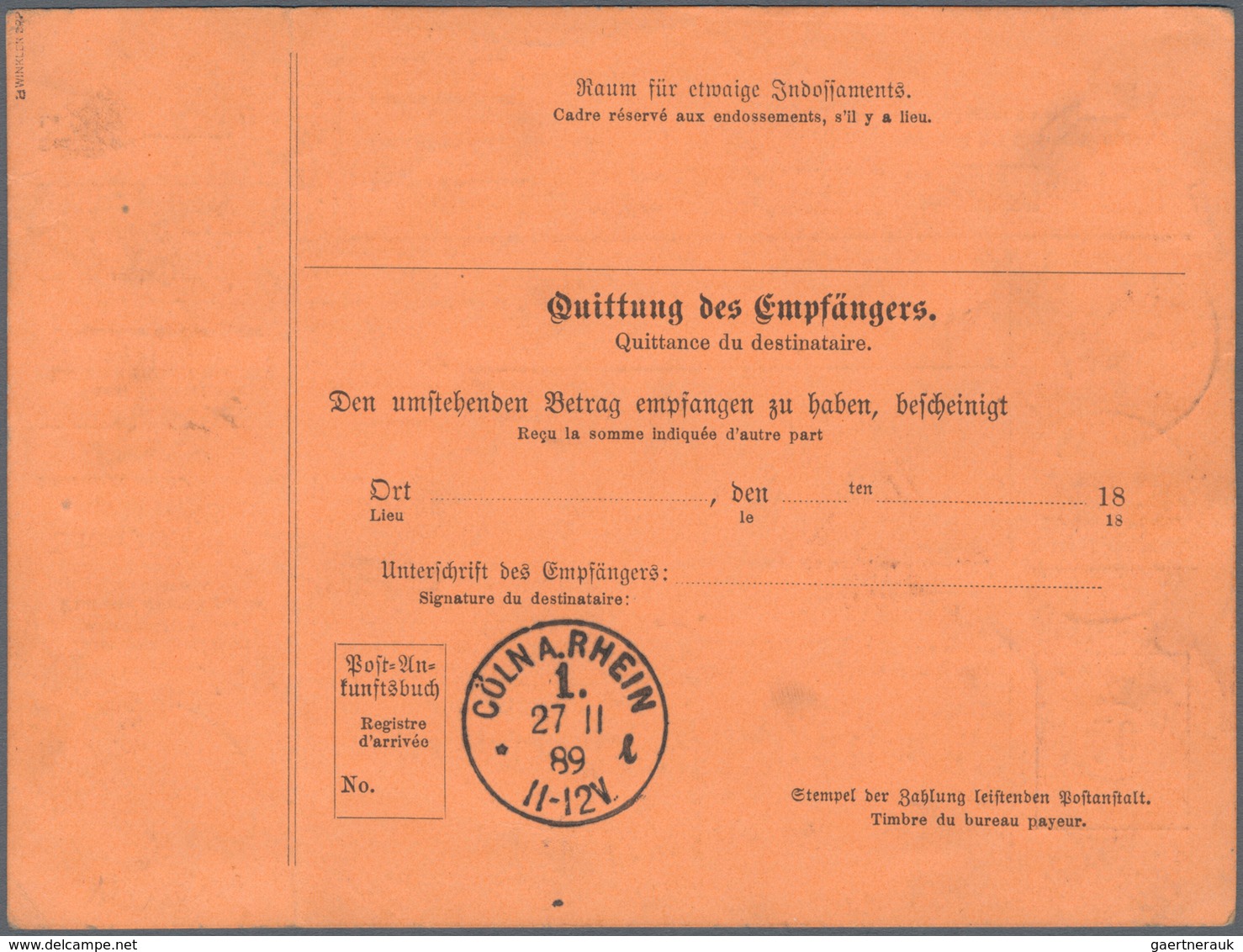 Württemberg - Postanweisungen: 1889 Postanweisungs-GA 40 Pf. Von "STUTTGART 24 NOV 89" Nach Port Of - Altri & Non Classificati