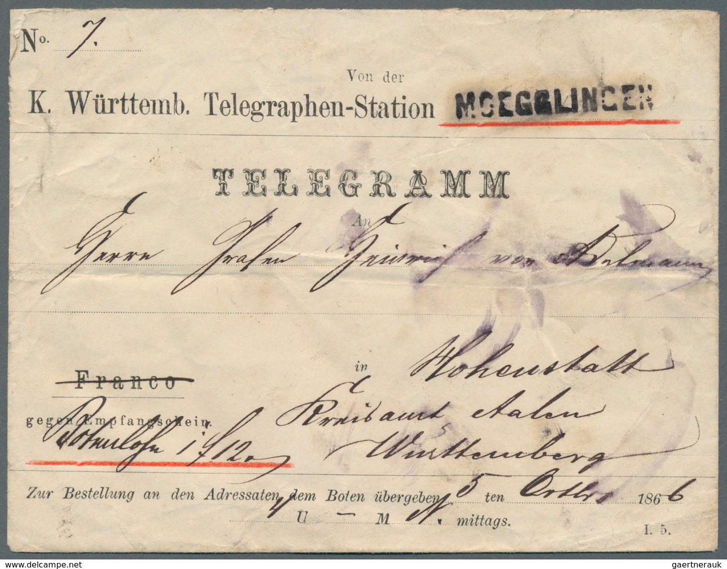 Württemberg - Langstempel, Einzeilig: 1866, L1 MOEGGLINGEN, Telegraphenstempel Auf Vorgedrucktem TEL - Other & Unclassified