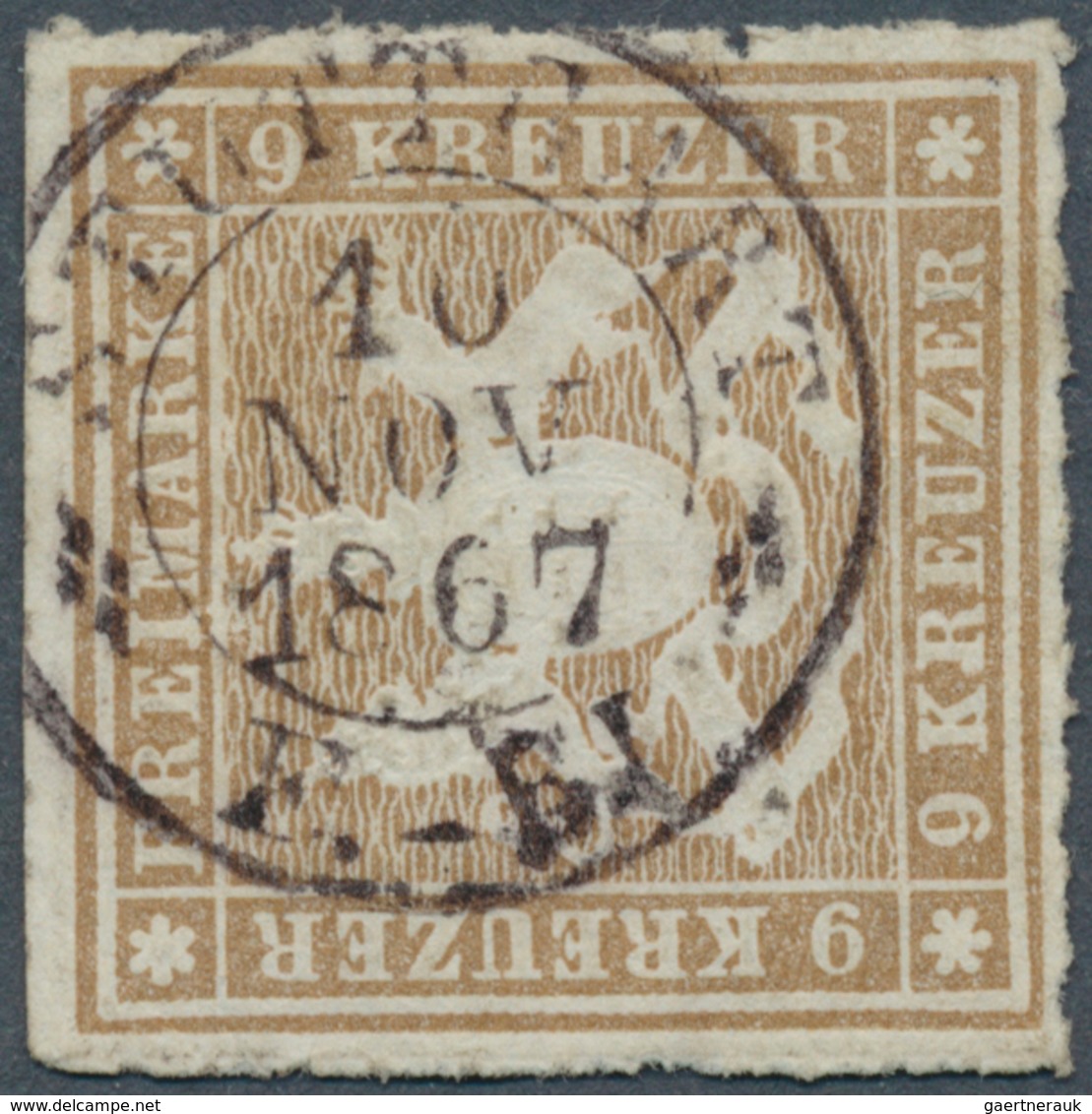 Württemberg - Zweikreisstempel: STUTTGART F.-B I 10 NOV 1867, Seltener Zier-K2 Zentrisch Auf 9 Kr. G - Altri & Non Classificati