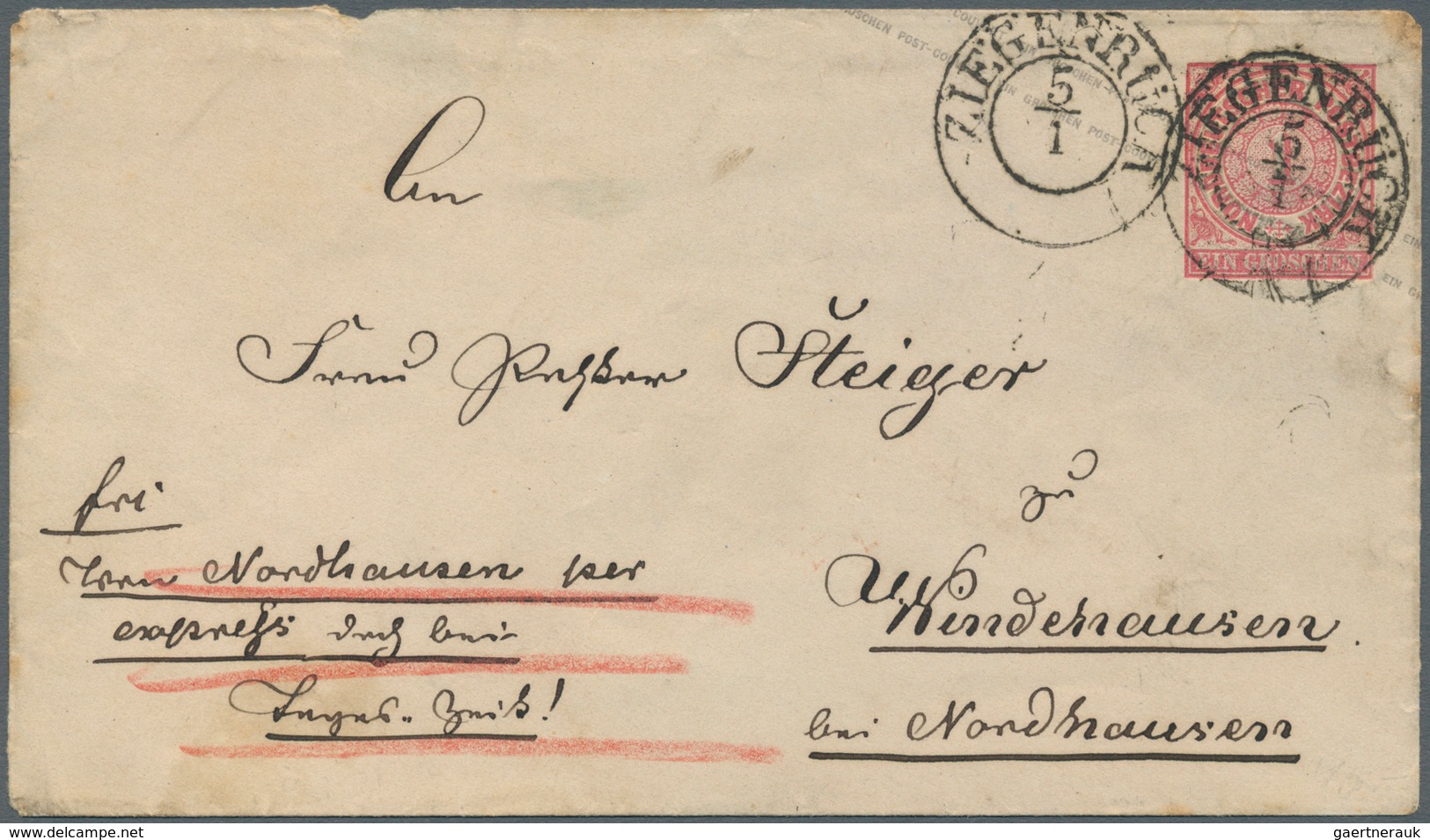 Norddeutscher Bund - Ganzsachen: 1868, 1 Gr Karmin Ganzsachenumschlag Von K2 ZIEGENRÜCK, 5/1, Per EI - Altri & Non Classificati