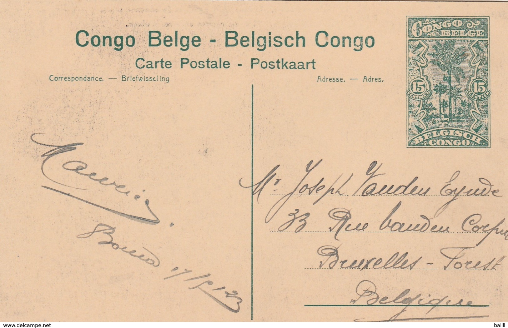 Congo Belge Entier Postal Illustré Pour La Belgique 1923 - Interi Postali