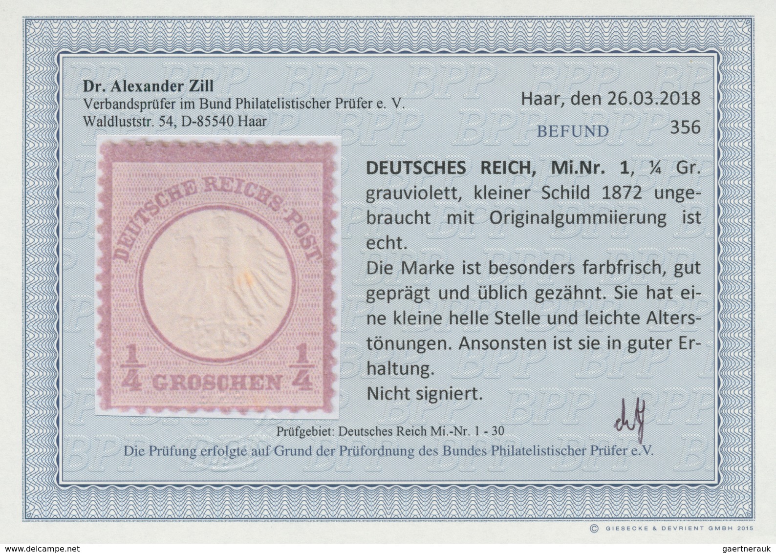 Deutsches Reich - Brustschild: 1872, Kleiner Schild ¼ Groschen Tiefviolett, Ungebraucht Mit Original - Storia Postale