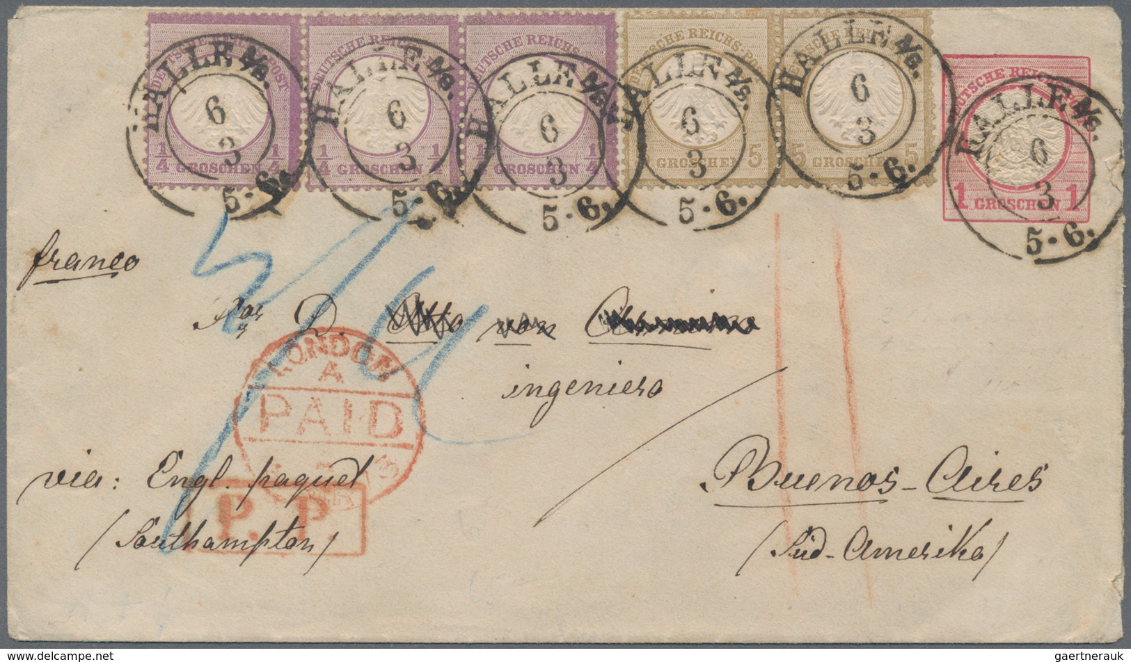 Deutsches Reich - Brustschild: 1873, DESTINATION ARGENTINIEN: Kleiner Schild ¼ Gr. Violett Einzelwer - Storia Postale