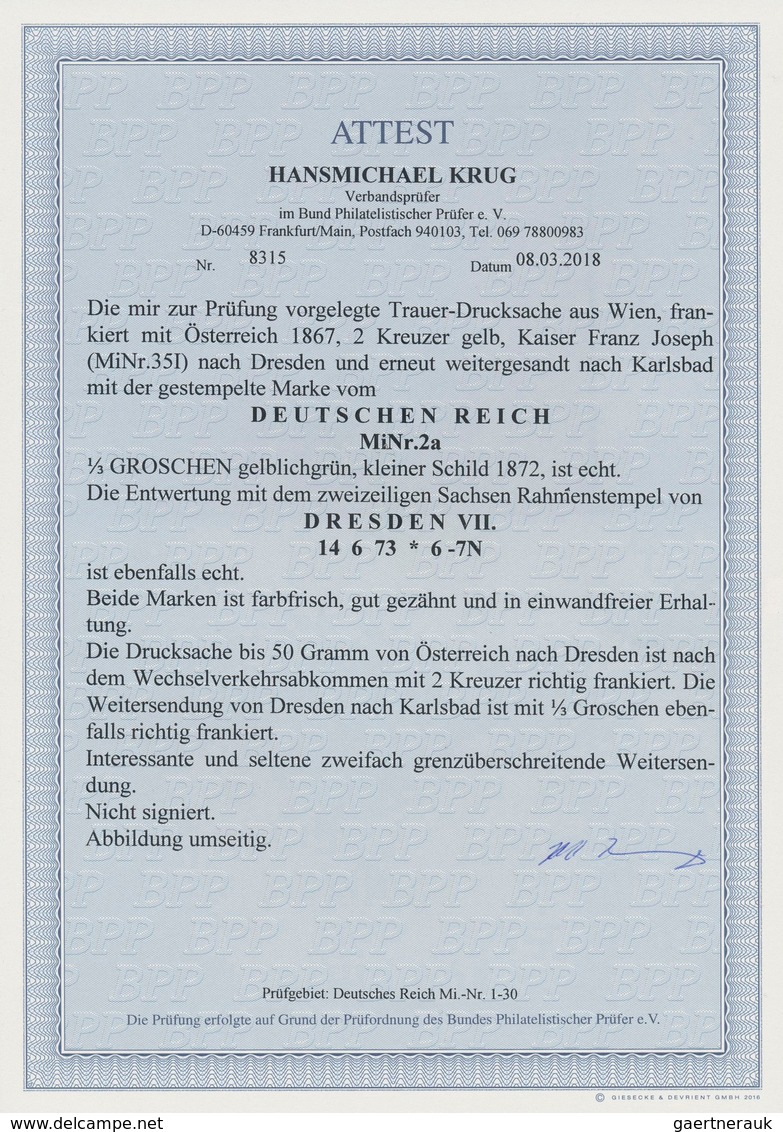 Deutsches Reich - Brustschild: 1872 ZWEILÄNDER-FRANKATUR Kleiner Schild 1/3 Gr. Grün + Österreich Fr - Lettres & Documents