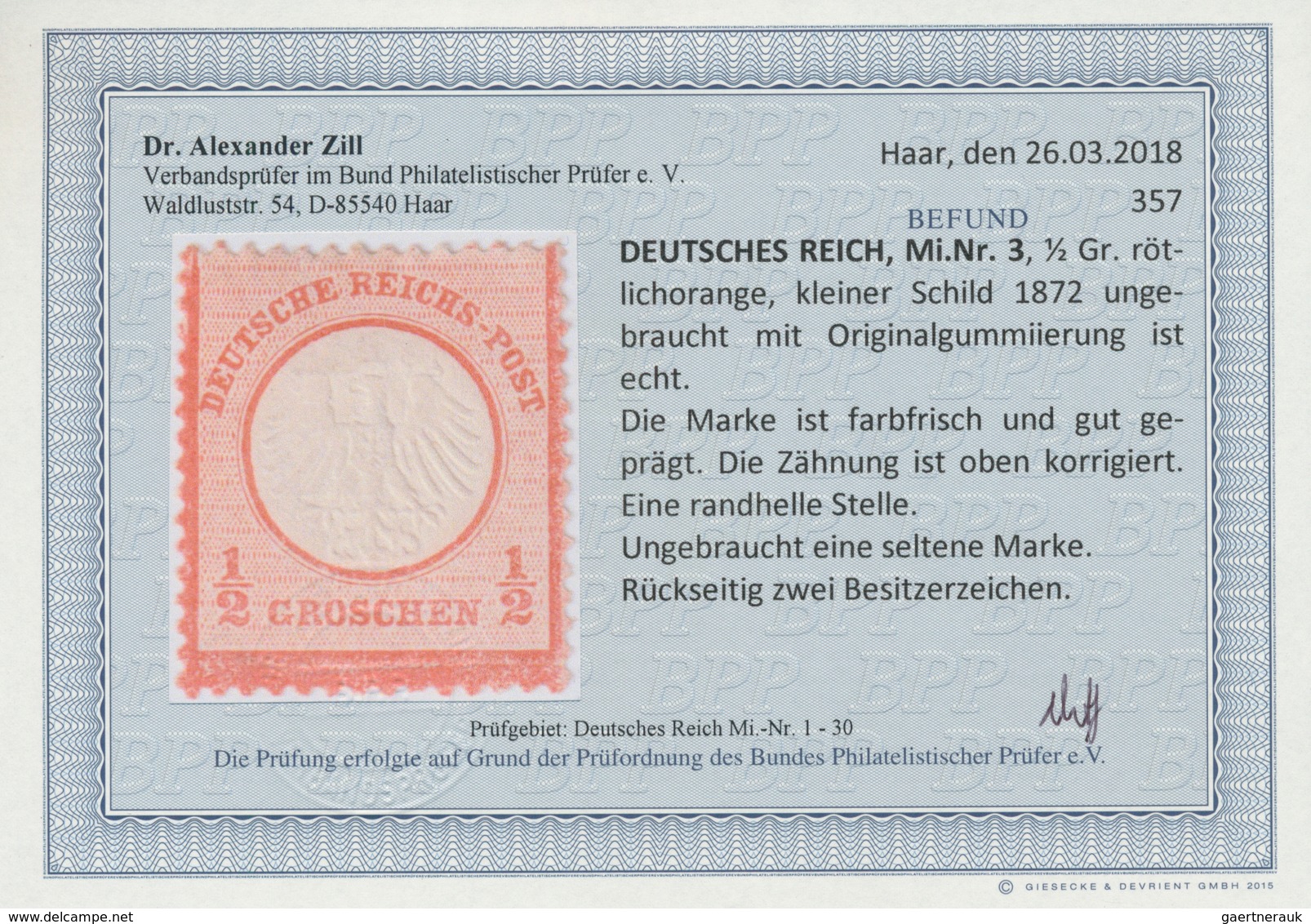 Deutsches Reich - Brustschild: 1872, Kleiner Schild ½ Groschen Rötlichorange, Ungebraucht Mit Origin - Storia Postale