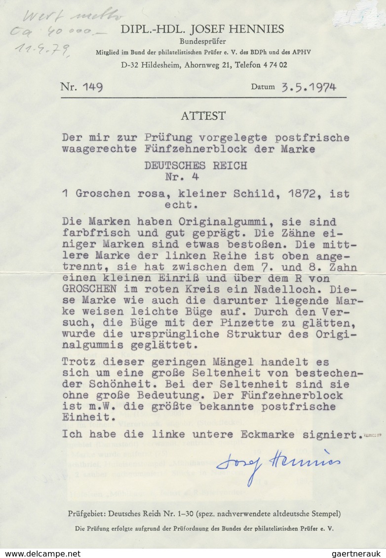 Deutsches Reich - Brustschild: 1872, 1 Gr Rosa Im Waagerechten 15er-Block, Sehr Schön Farbfrisch, Gu - Storia Postale