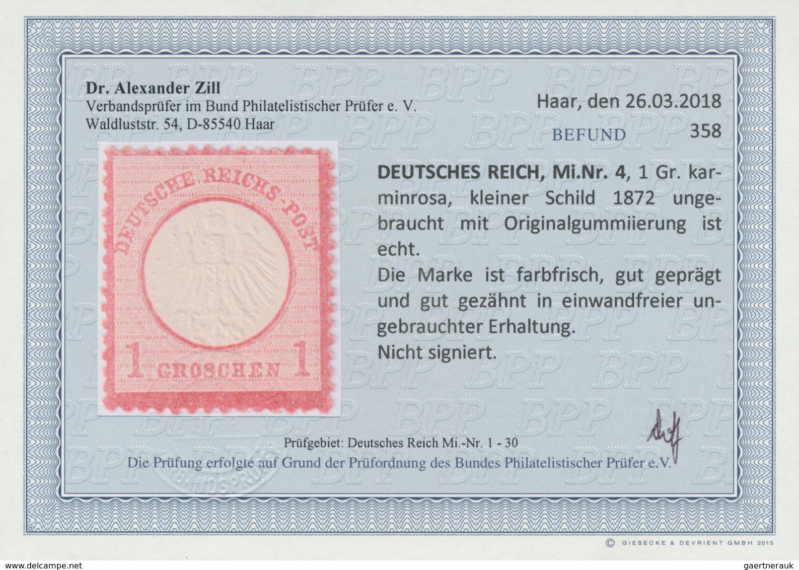Deutsches Reich - Brustschild: 1872, Kleiner Schild 1 Groschen Karminrosa, Ungebraucht Mit Originalg - Covers & Documents