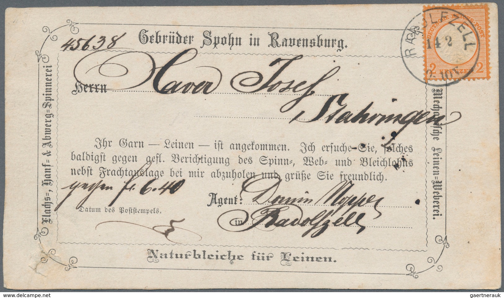 Deutsches Reich - Brustschild: 1872, Kleiner Schild 2 Kr. Rotorange Mit K1 "RADOLFZELL 14 2" (wohl 1 - Storia Postale