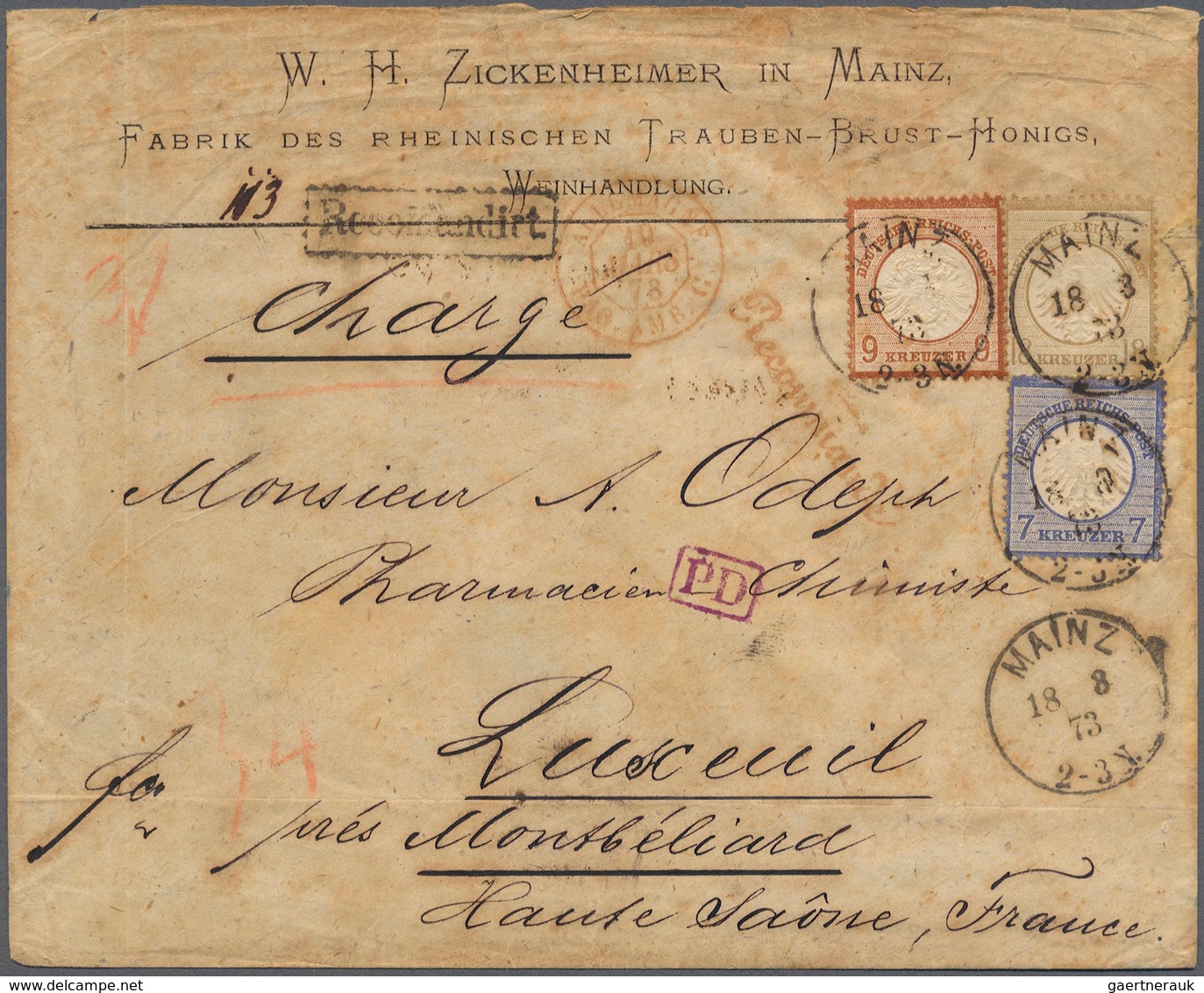 Deutsches Reich - Brustschild: 1873. Eingeschriebener Brief Der Firma "Zickenheimer, Mainz, Fabrik D - Storia Postale