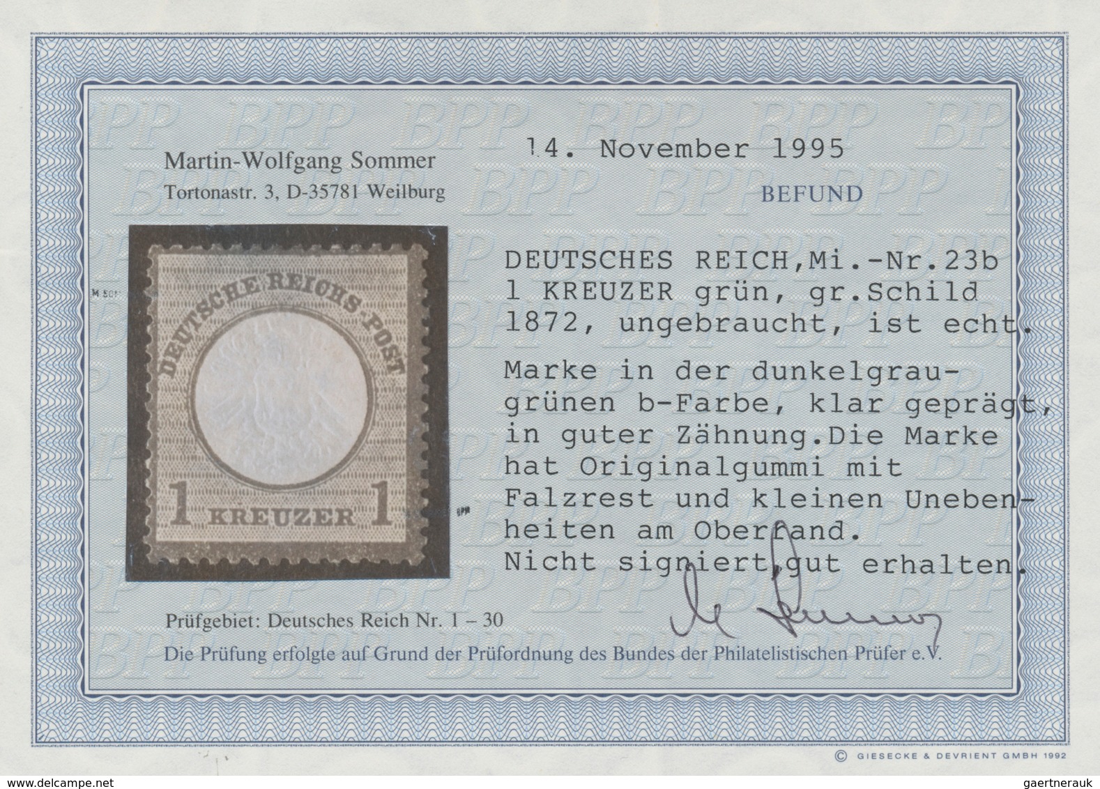 Deutsches Reich - Brustschild: 1872, 1 Kr. Großer Brustschild In Der Dunkelgraugrünen B-Farbe, Origi - Storia Postale