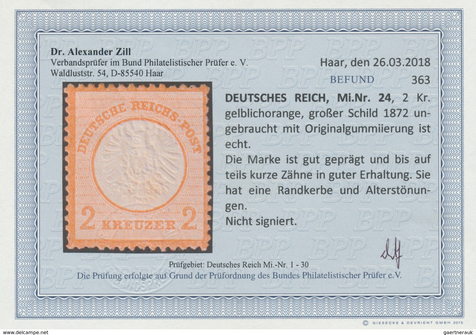 Deutsches Reich - Brustschild: 1872, Großer Schild 2 Kreuzer Gelblichorange, Ungebraucht Mit Origina - Storia Postale