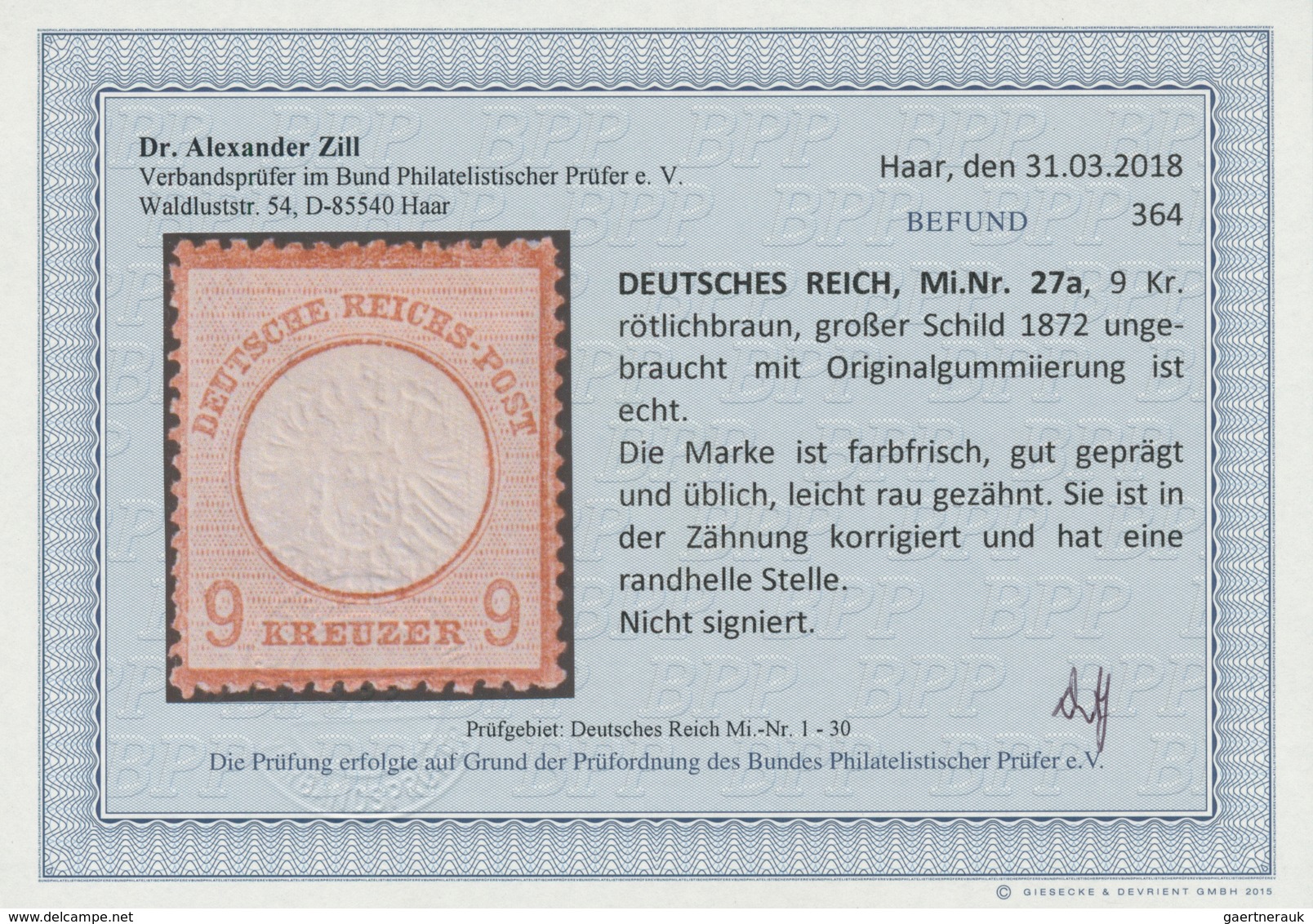 Deutsches Reich - Brustschild: 1872, Großer Schild 9 Kreuzer Rötlichbraun, Ungebraucht Mit Originalg - Lettres & Documents