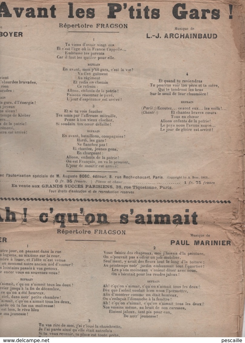 REPERTOIRE HARRY FRAGSON - EN AVANT LES P'TITS GARS / AH C'QU'ON S'AIMAIT / NOTRE PRESIDENT / LA PARISIENNE Y'A QU'CA / - Partitions Musicales Anciennes