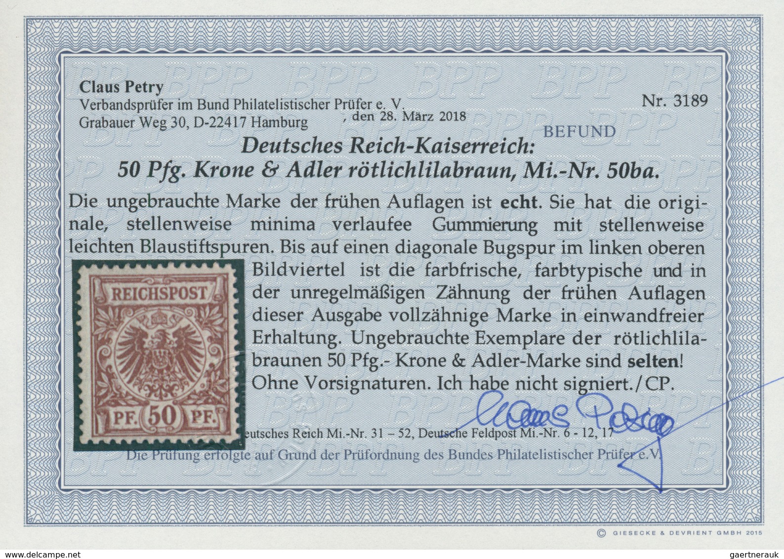 Deutsches Reich - Krone / Adler: 1889 Krone/Adler 50 Pf. In Ba-Farbe (lebhaft)rötlichlilabraun, Unge - Storia Postale