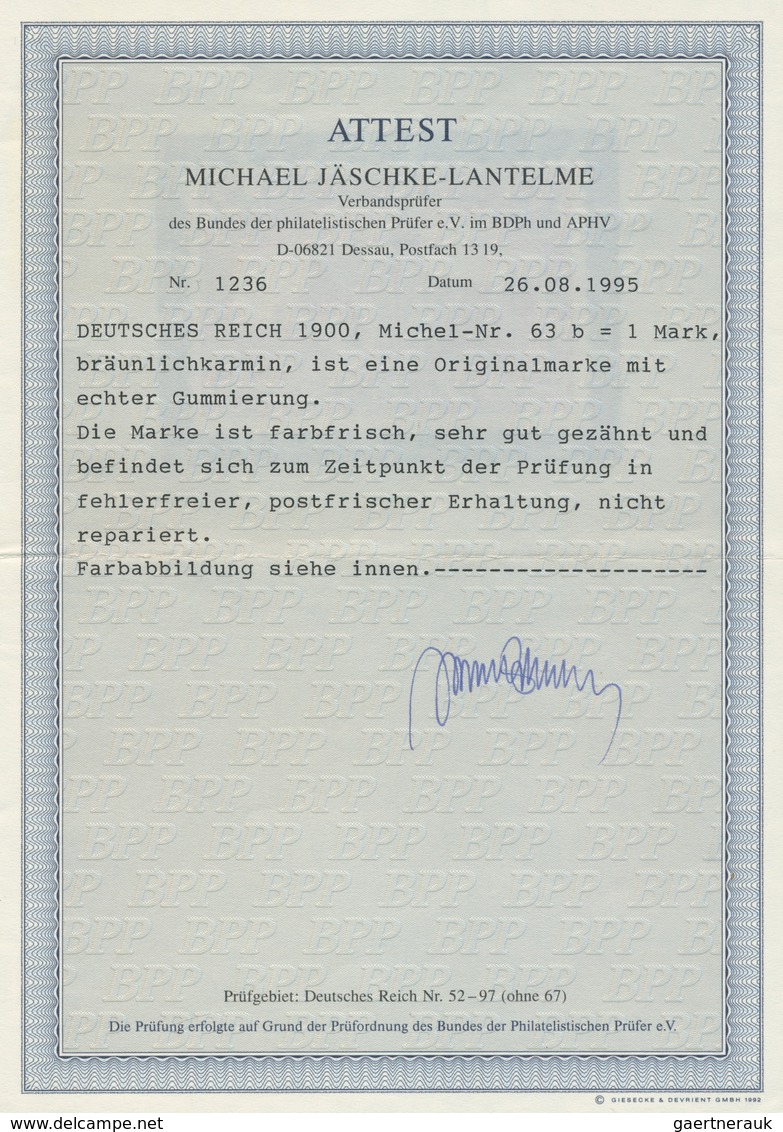 Deutsches Reich - Germania: 1900, 1 M. Dunkelkarmin, Postfrisch, Links Wenige Zähne Vorderseitig Mit - Altri & Non Classificati