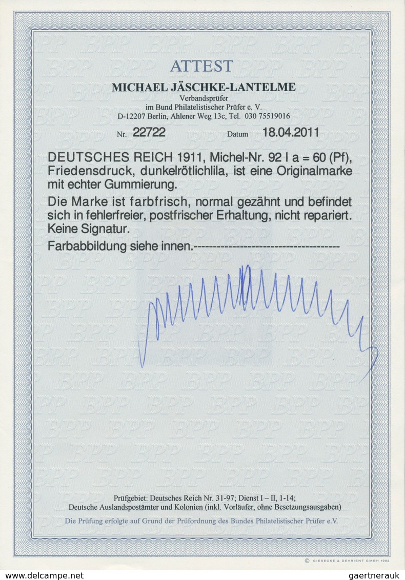 Deutsches Reich - Germania: 1911, 60 Pf Friedensdruck In Dunkelrötlichlila, Postfrisch, FA Jäschke-L - Other & Unclassified
