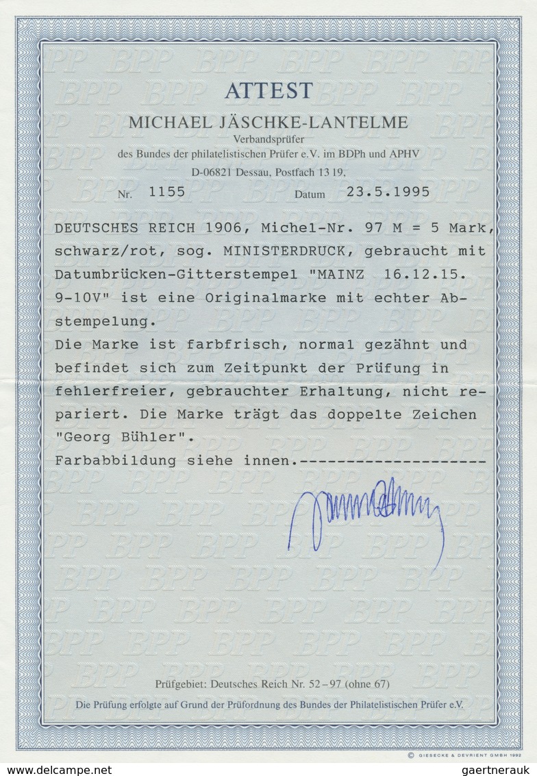 Deutsches Reich - Germania: 1905, 5 Mark Schwarz/rot, Sog. MINISTERDRUCK, Gebraucht Mit Datumbrücken - Other & Unclassified