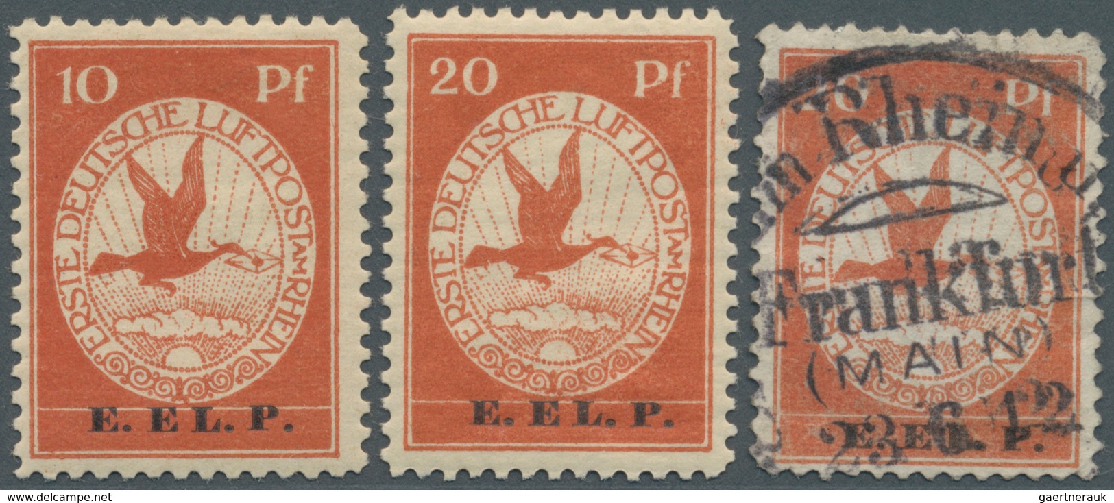 Deutsches Reich - Germania: 1912, Flugpost Rhein/Main, E.EL.P., Lot Von Drei Marken: 10 Pfg. Ungebra - Other & Unclassified