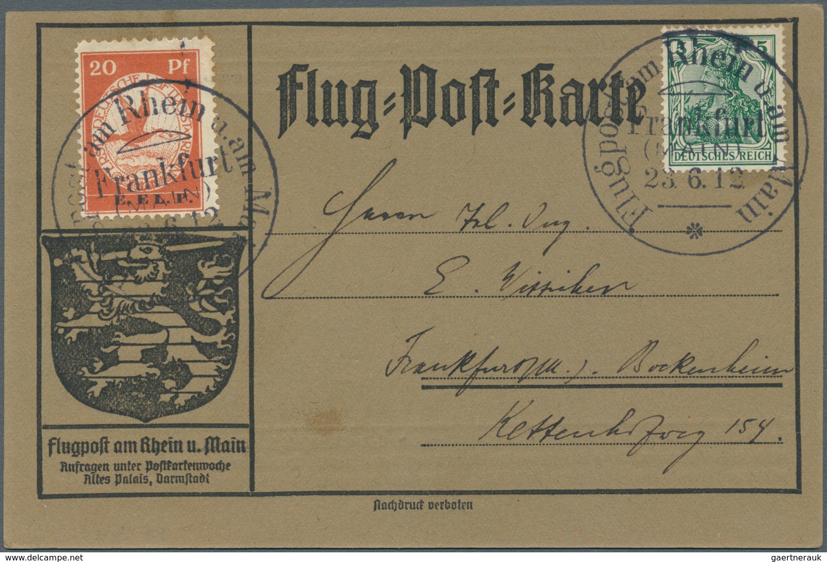 Deutsches Reich - Germania: 1912, 20 Pfg. E.EL.P. Auf Sonderkarte Mit 5 Pfg. Germania Und Flugstempe - Altri & Non Classificati