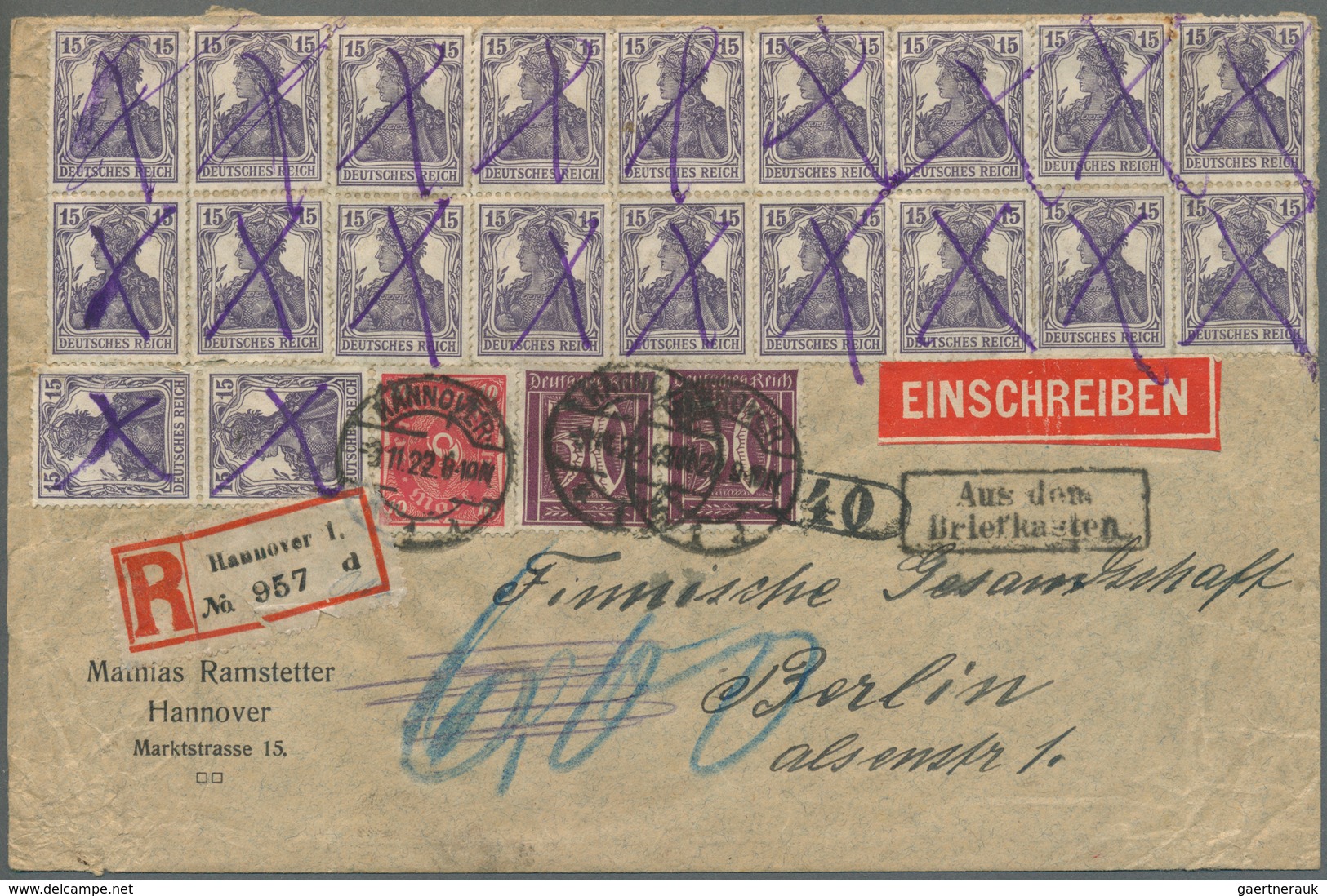 Deutsches Reich - Inflation: 1922, Größer Formatiger R-Brief (3. Gewichtsstufe) Ab HANNOVER Mit Nebe - Unused Stamps