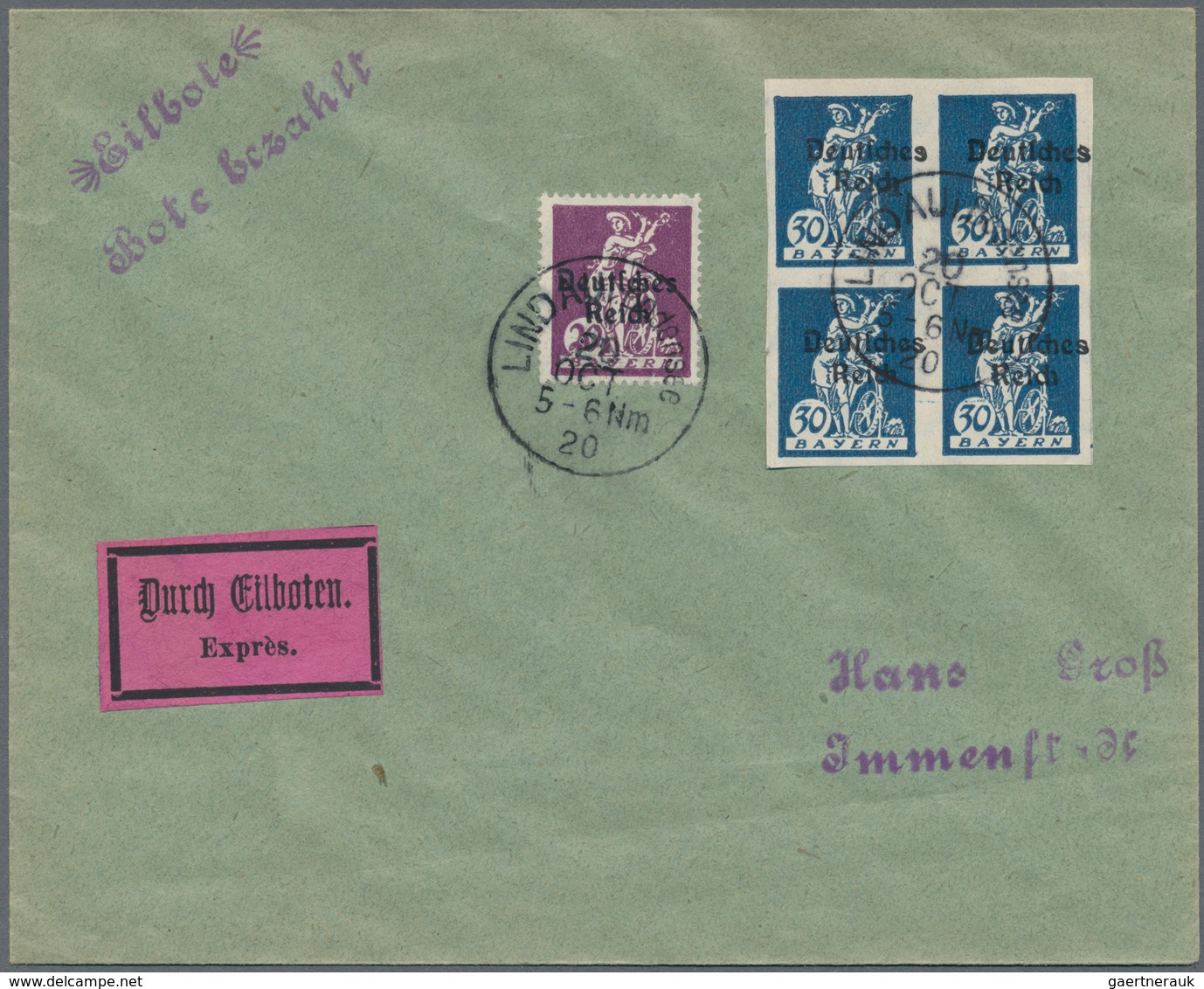 Deutsches Reich - Inflation: 1920, 30 Pfg. Bayern-Abschied Im UNGEZÄHNTEN Viererblock In Mischfranka - Unused Stamps