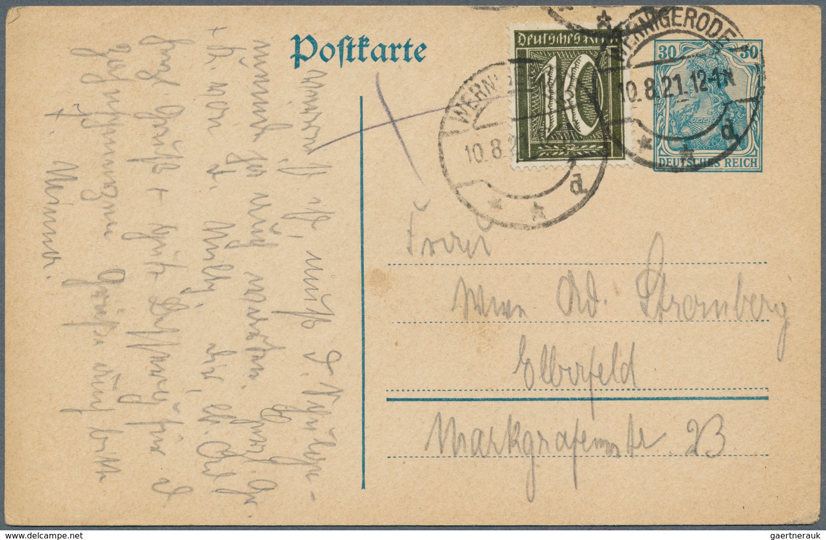 Deutsches Reich - Inflation: 1921, 10 Pfg. Ziffer Schwarzpliv Als Ergänzung Auf 30 Pfg. Germania Gan - Unused Stamps