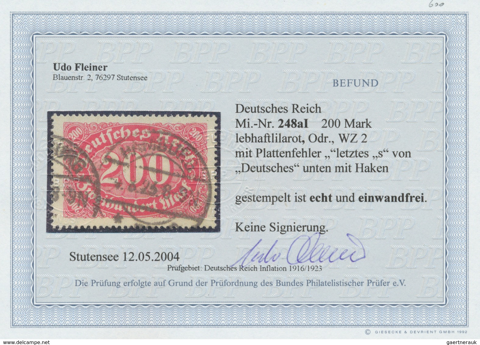 Deutsches Reich - Inflation: 1923, 200 M. Queroffset II In Karminrot Mit Plattenfehler "letztes 's' - Nuovi