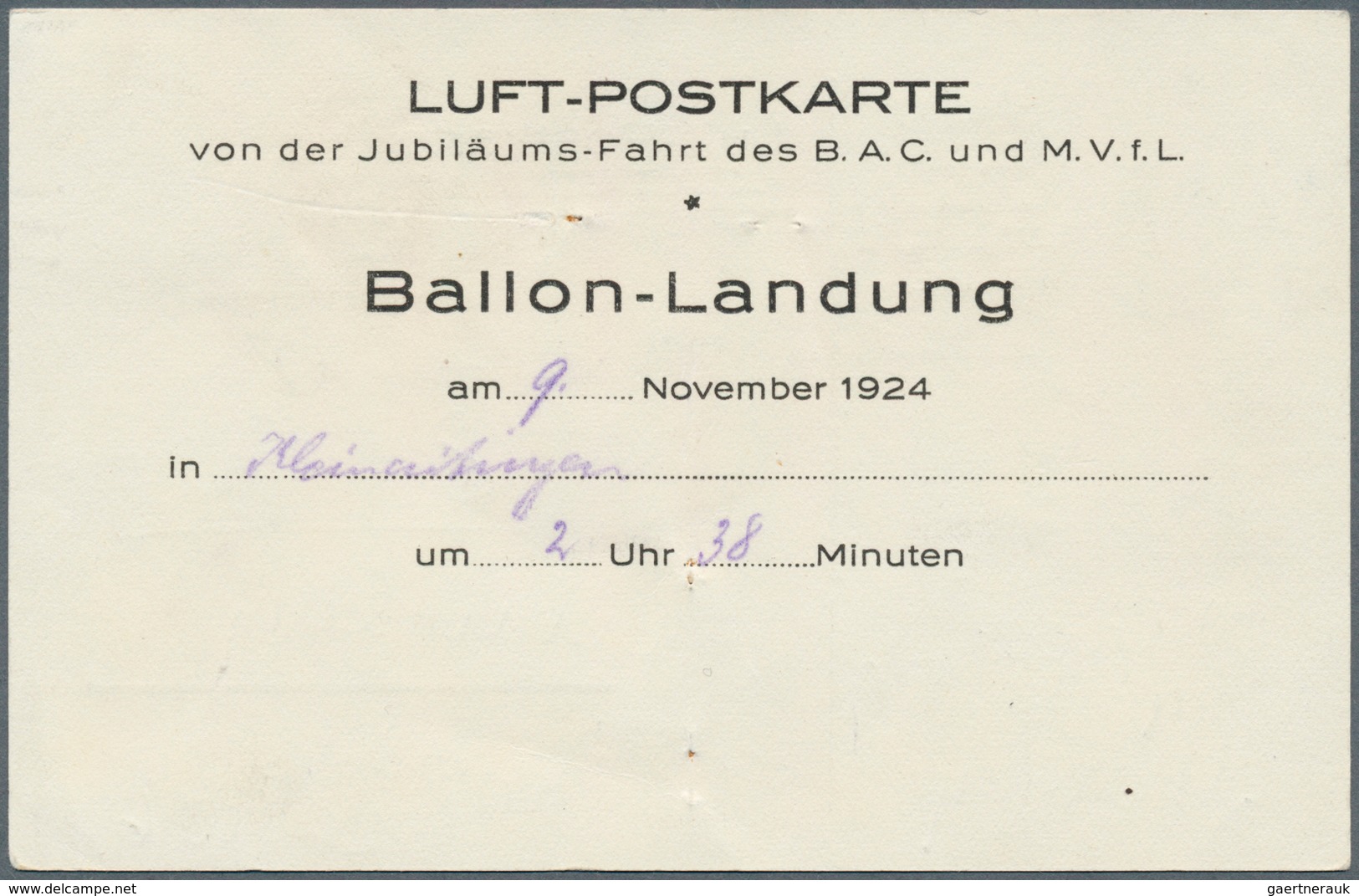 Deutsches Reich - Weimar: 1924, Ballon-Landungskarte Zur Jubiläumsfahrt Des B.A.C. Und Des M.V.f.L., - Storia Postale