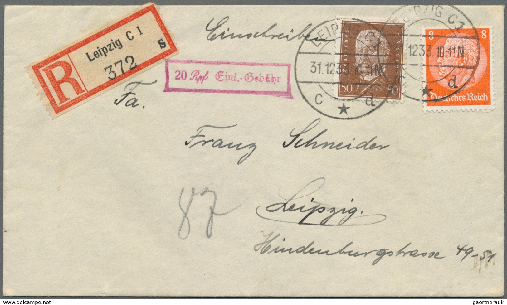 Deutsches Reich - Weimar: 1933, Orts-Ebf. Mit Hindenburg 8 Pf. Medaillon Und 50 Pf. Reichspräsidente - Storia Postale