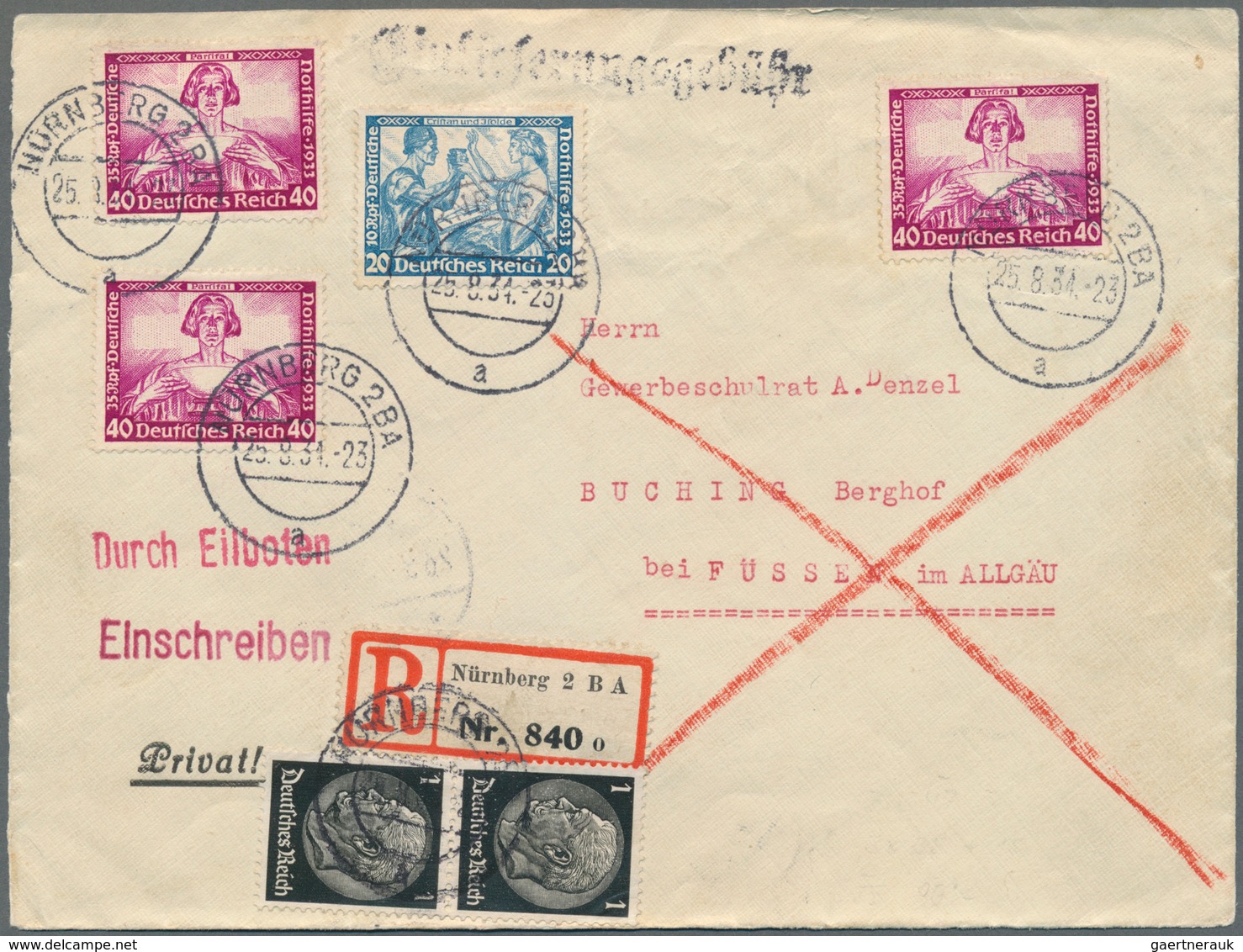 Deutsches Reich - 3. Reich: 1933, Wagner 3x 40 Pf. Und 20 Pf. + Hindenburg 2x 1 Pf. Auf Eilboten-R-B - Usati