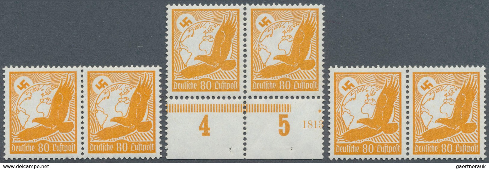 Deutsches Reich - 3. Reich: 1934, Flugpostausgabe 80 Pf. Orange (Steinadler) In Drei Waagr. Paaren D - Usati