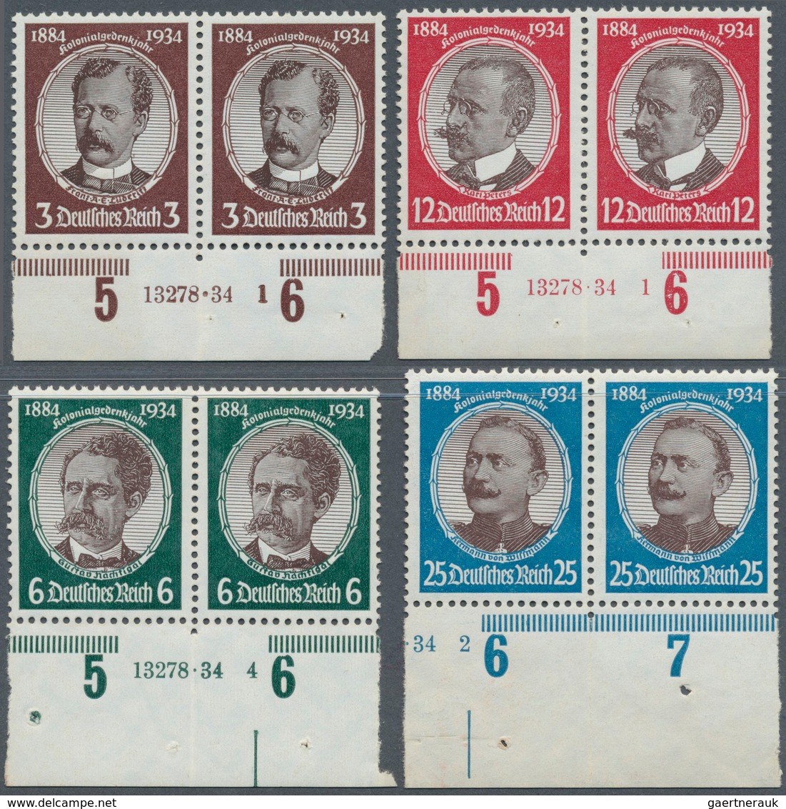 Deutsches Reich - 3. Reich: 1934, Kolonialforscher 3, 6, 12 Pfg. Als Unterrandpaar Mit HAN, 25 Pfg. - Gebruikt