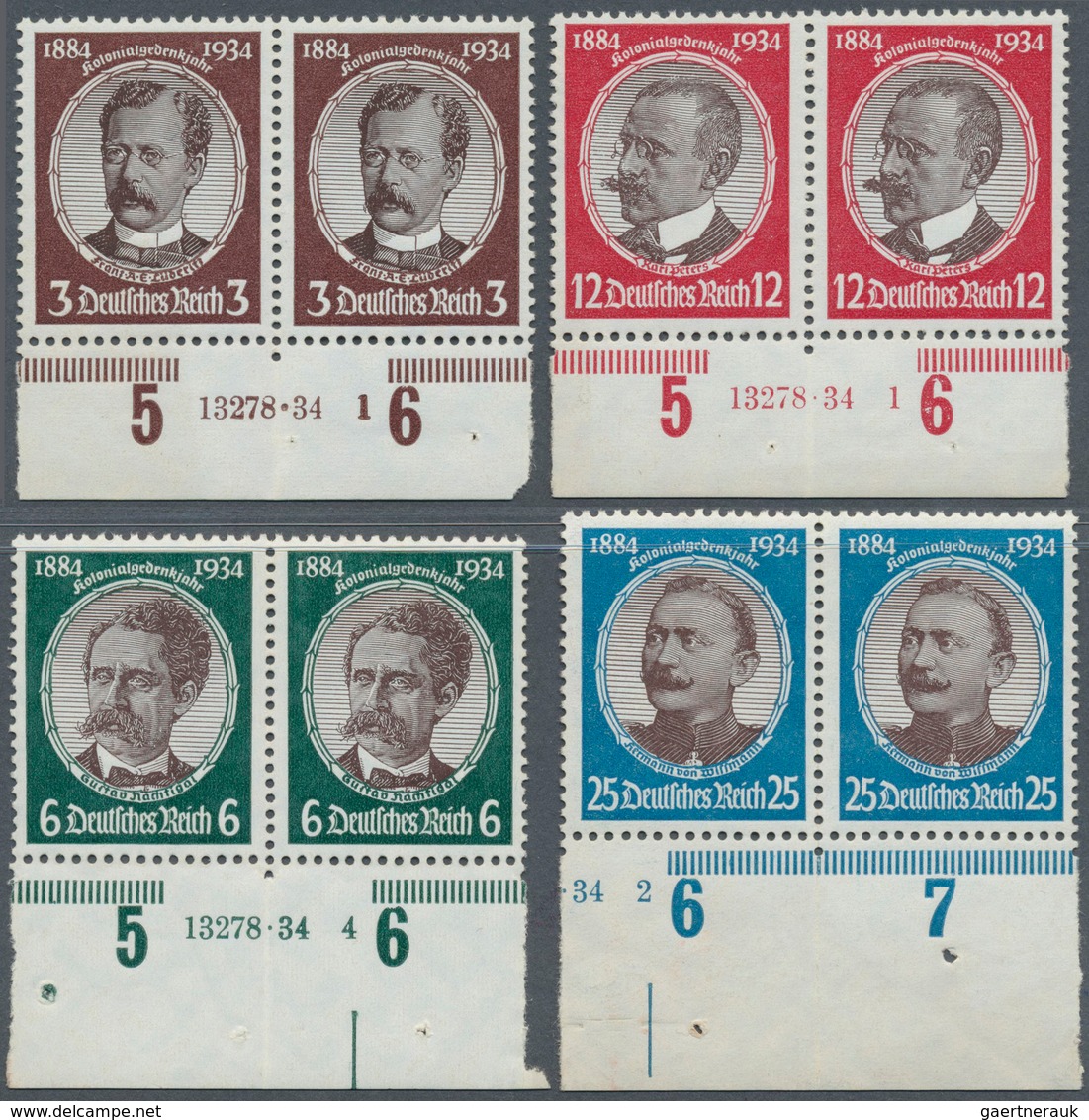 Deutsches Reich - 3. Reich: 1934, Kolonialforscher 3, 6, 12 Pfg. Als Unterrandpaar Mit HAN, 25 Pfg. - Used Stamps