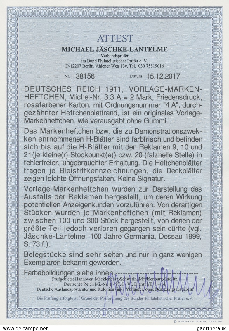 Deutsches Reich - Markenheftchen: 1911, Vorlage-Markenheftchen 2 Mark Auf Rosafarbenem Karton, Ordnu - Libretti