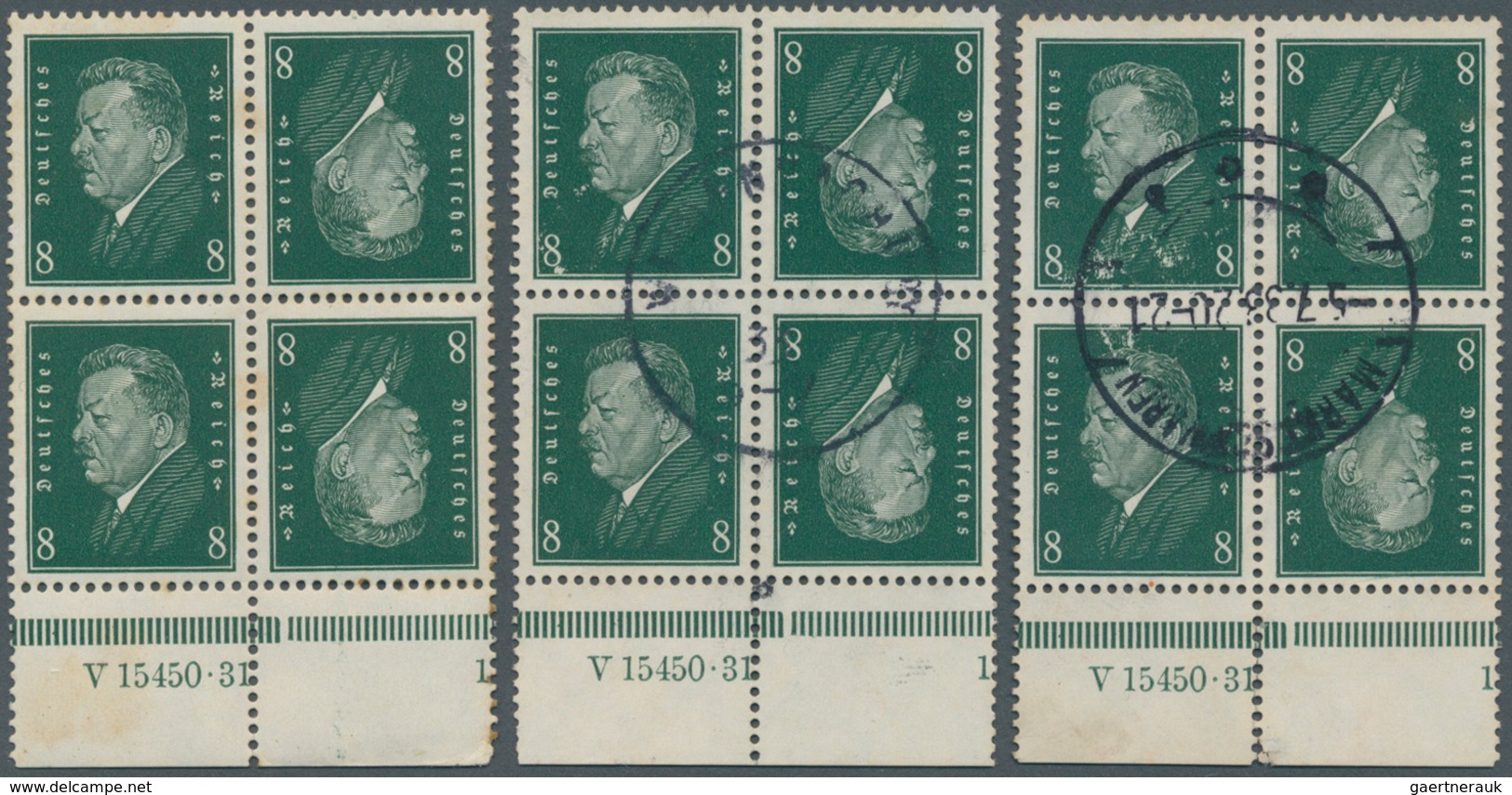 Deutsches Reich - Zusammendrucke: 1928, 8 Pf. Reichspräsidenten Im Kehrdruck, Drei Viererblocks Vom - Se-Tenant