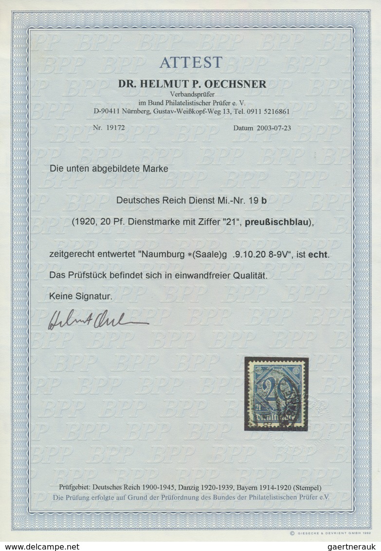 Deutsches Reich - Dienstmarken: 1920, 20 Pfg. Preußischblau Sauber Und Zeitgerecht Gestempelt „NAUMB - Servizio