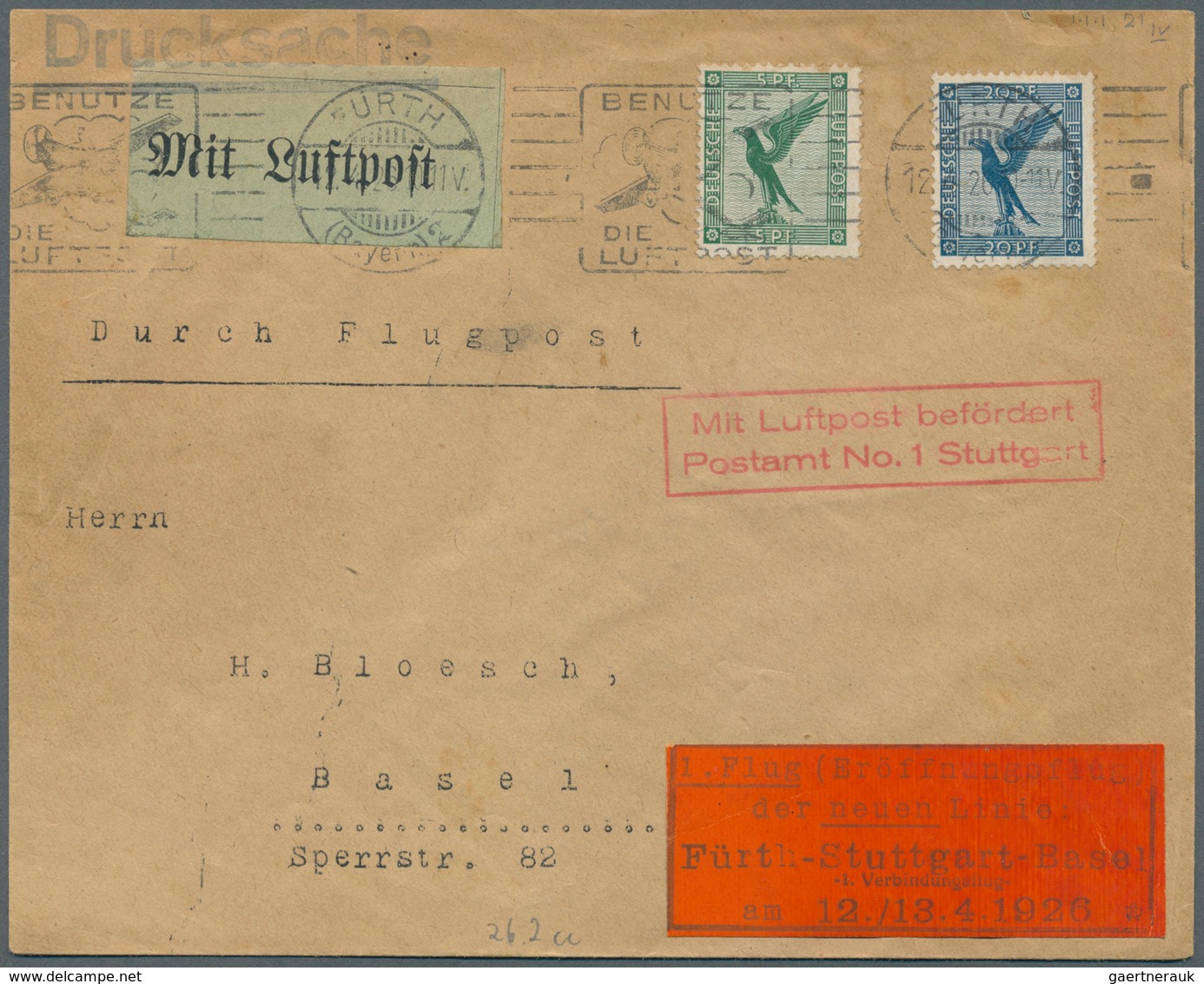 Deutsches Reich - Besonderheiten: 1926 FLUGPOST: Brief Zum Erstflug Fürth-Stuttgart-Basel Am 12.4.19 - Other & Unclassified