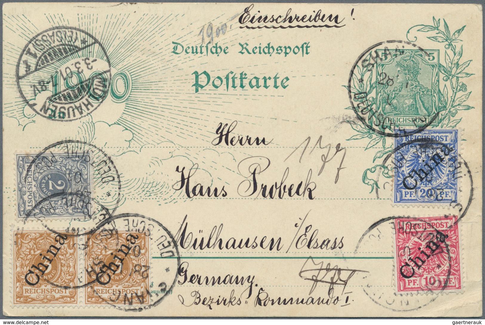 Deutsche Post In China - Mitläufer: 1901, 5 Pf Germania Jahrhundertkarte Mir Zusatzfrankatur Krone A - Cina (uffici)