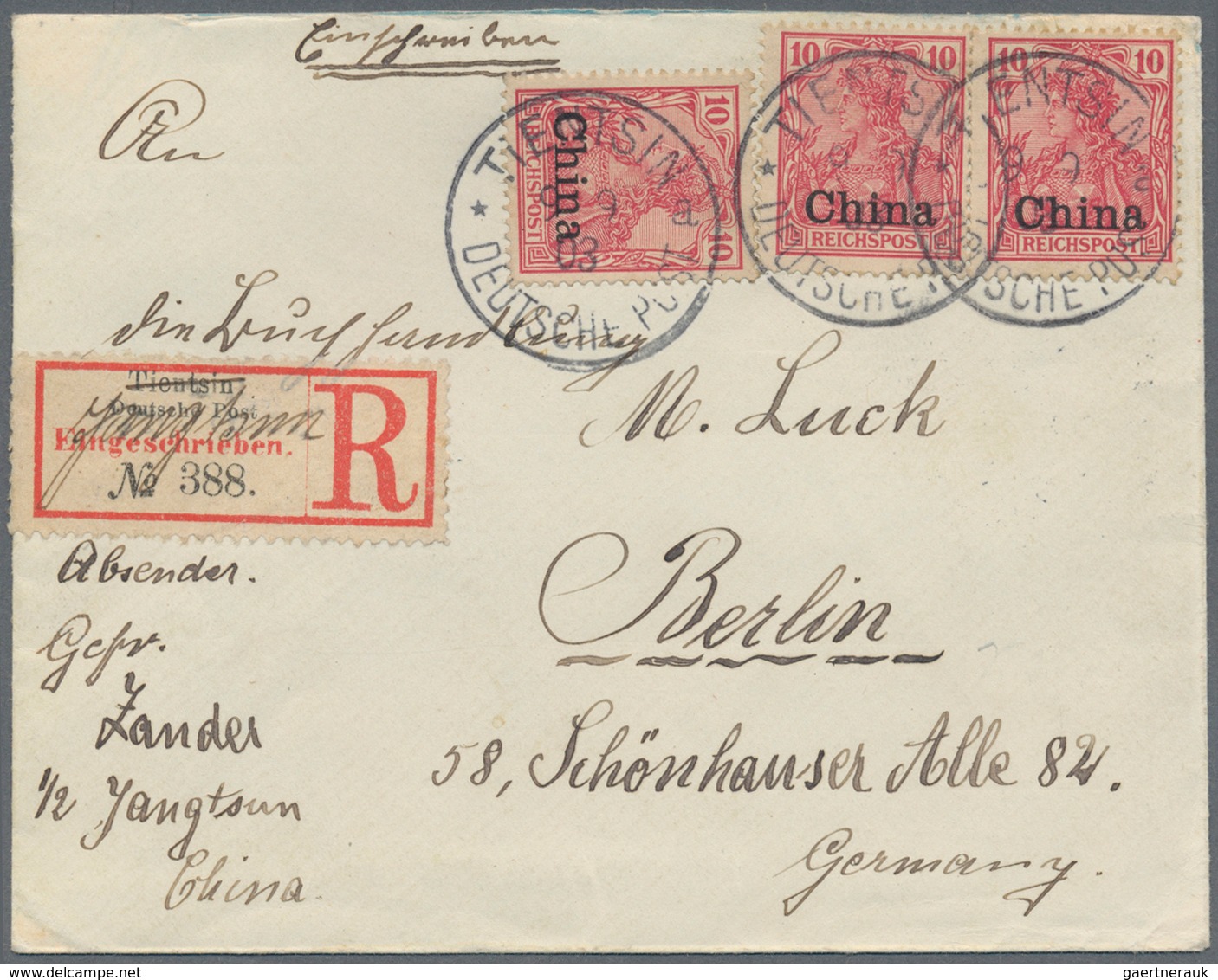 Deutsche Post In China - Stempel: 1903. "Tientsin Deutsche Post 9.9.03", 3x Mit 3x 10 Pf Auf R-Brief - Cina (uffici)