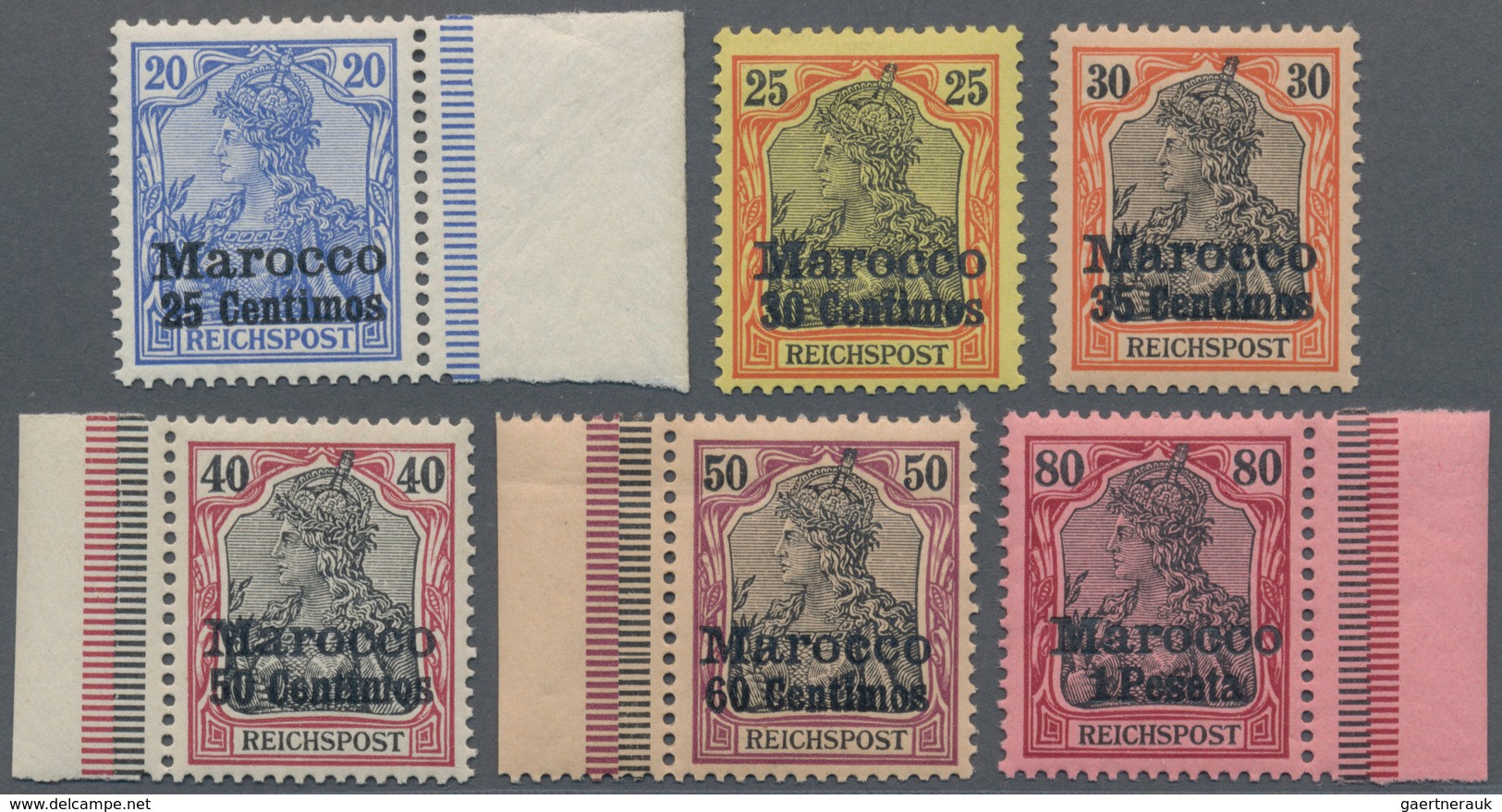 Deutsche Post In Marokko: 1903, Germania 20 Pf. Bis 80 Pf. Mit Fettem Aufdruck "Marocco", Sechs Nich - Marocco (uffici)