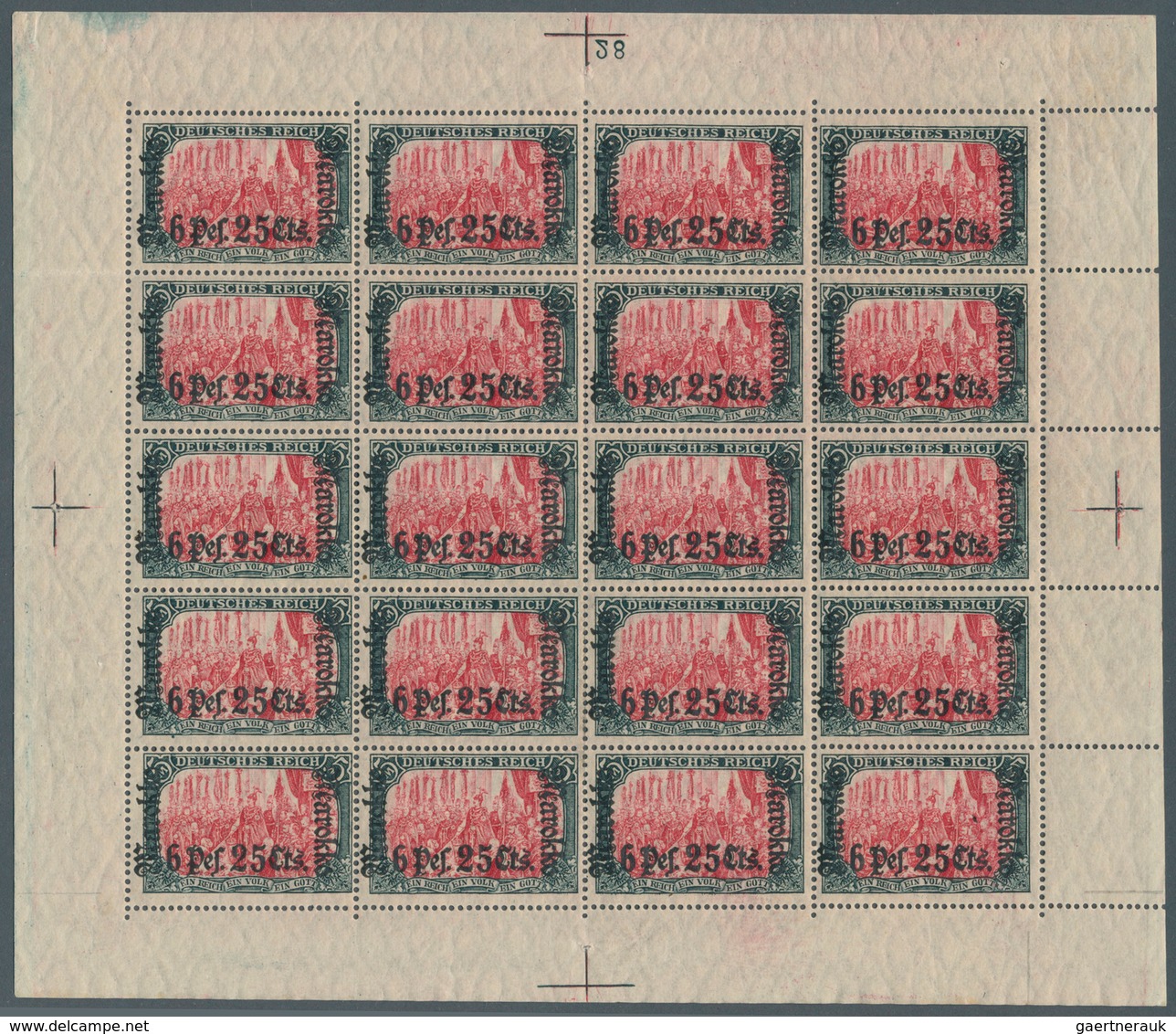 Deutsche Post In Marokko: 1911, "6Pes25Cents" Auf 5 Mark "Marokko", Kriegsdruck, Kompletter Postfris - Marocco (uffici)