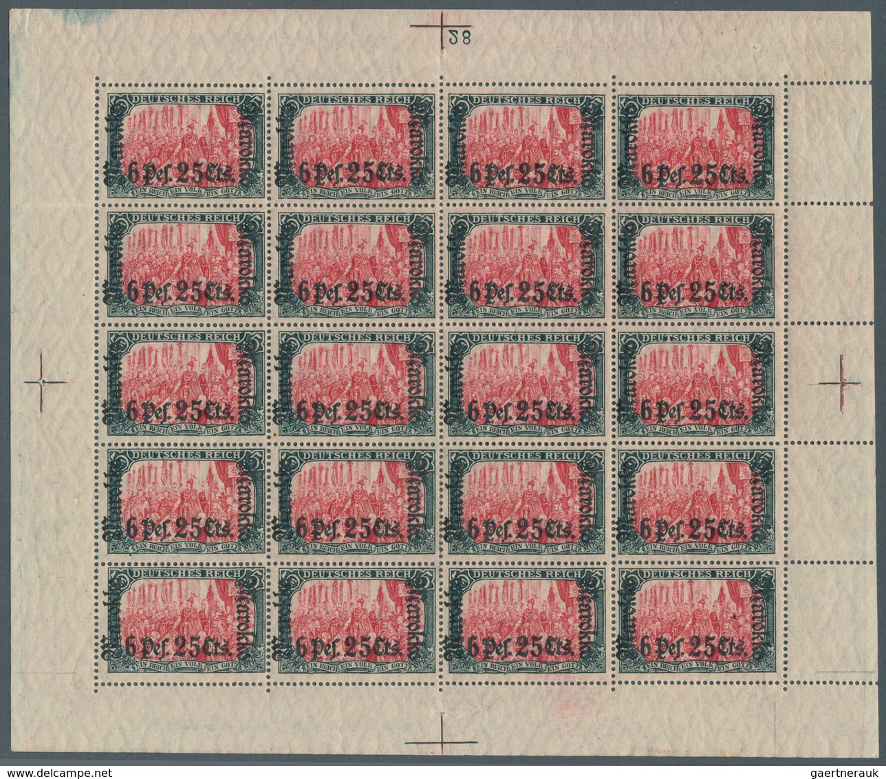 Deutsche Post In Marokko: 1911, "6Pes25Cents" Auf 5 Mark "Marokko", Kriegsdruck, Kompletter Postfris - Morocco (offices)